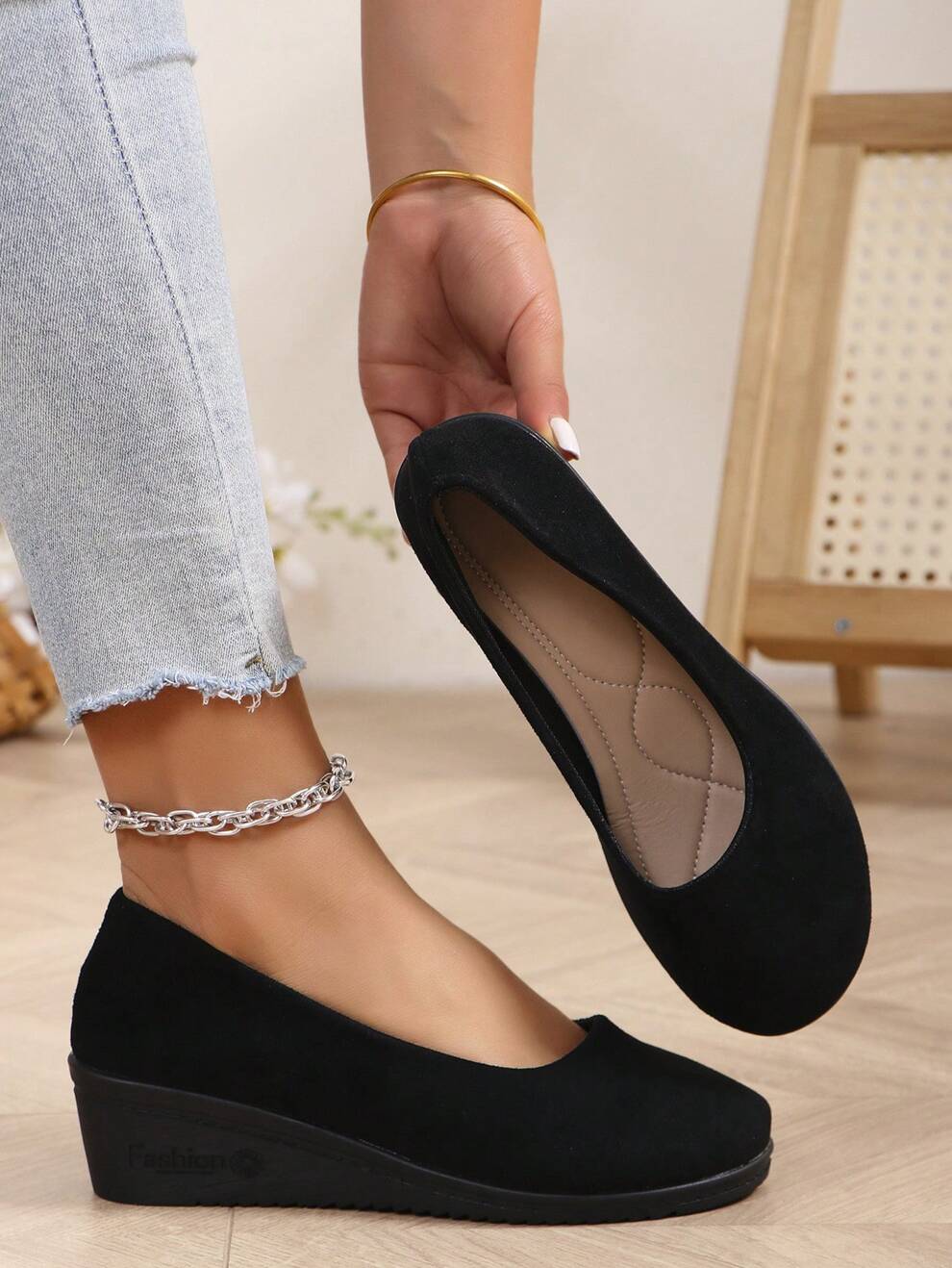 New Fashionable Round Toe Platform Wedge Heel Black Working Shoes For Pregnant Women, Large Size 41-43