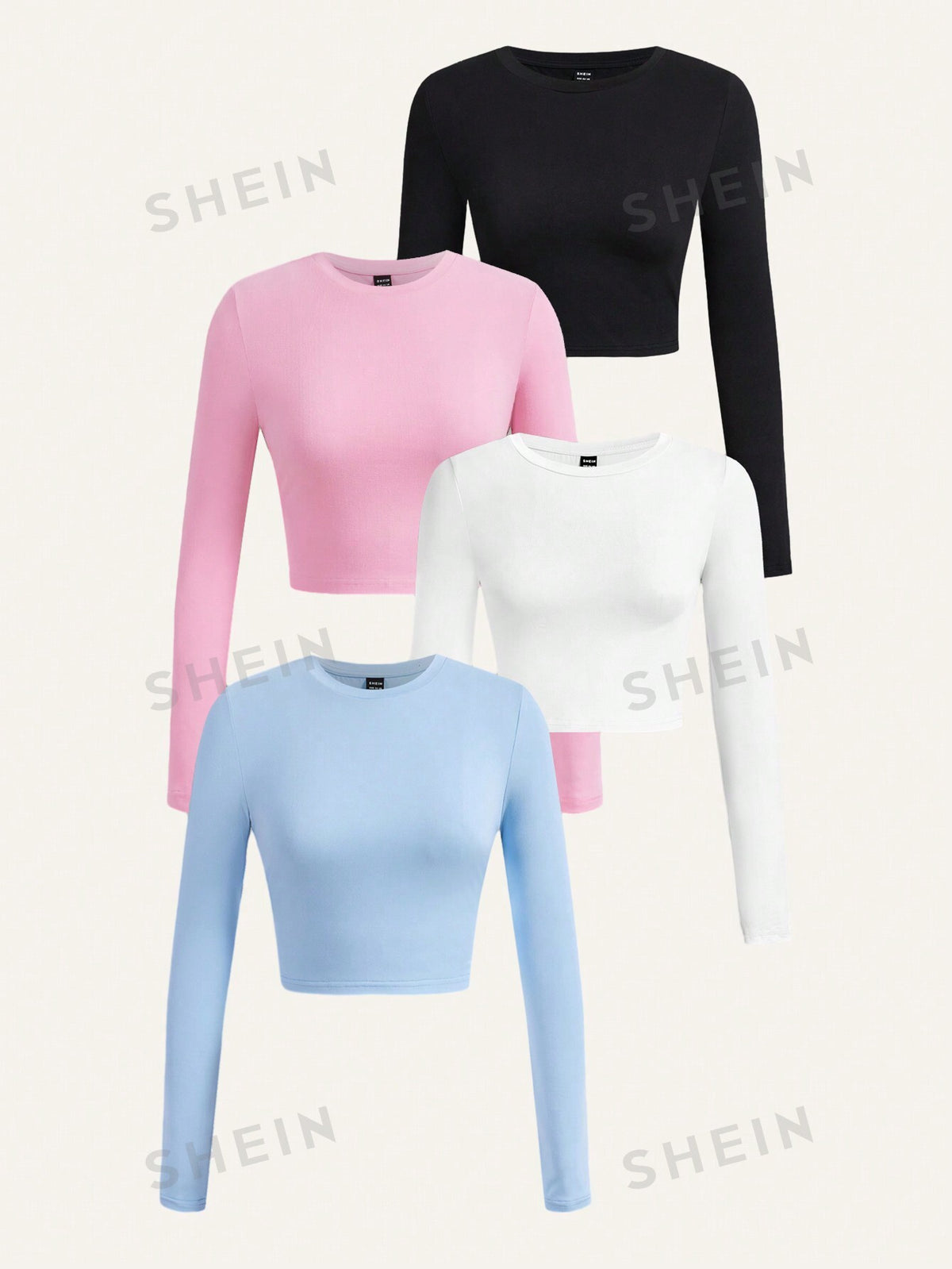 SHEIN Essnce Women's Casual Kint Round Neck Long Sleeve Basis All-Match T-Shirt Long Sleeve Crop Top Fall Women Tops Fall Women Clothes , 4 Packs