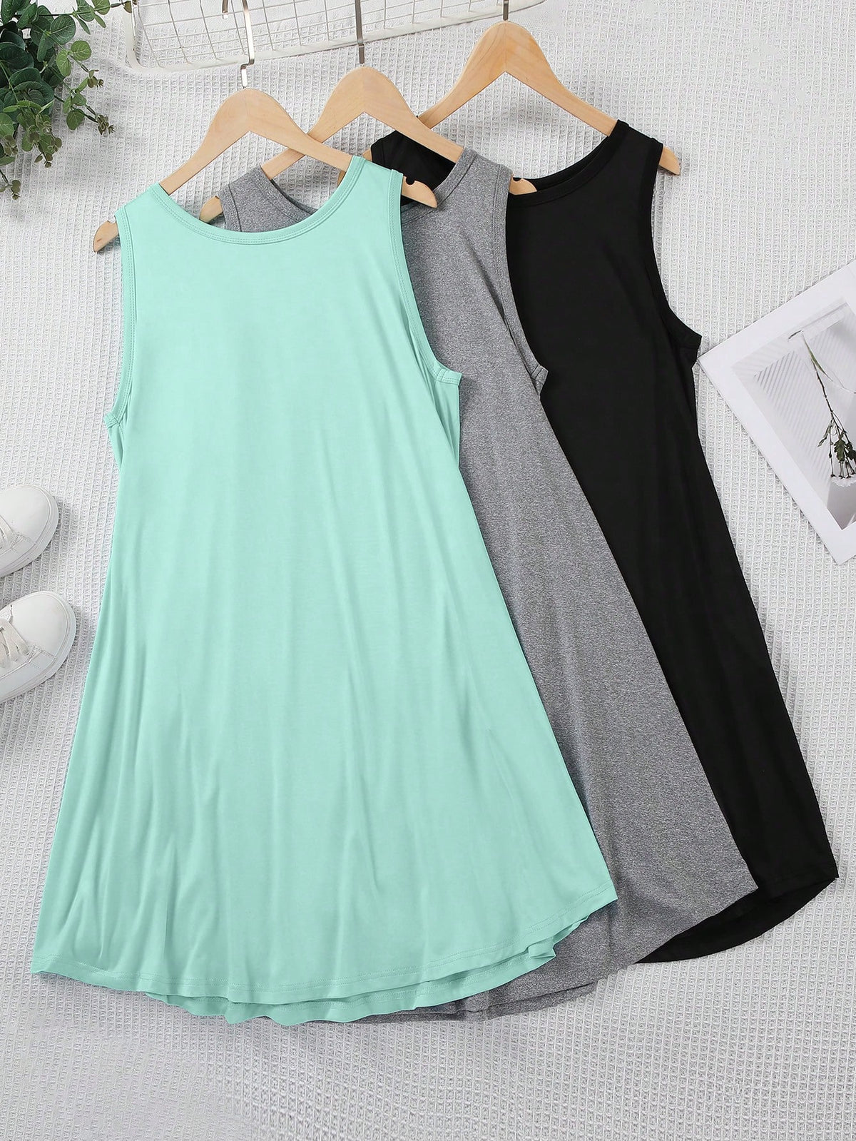 3pcs/Set Plus Size Summer Solid Color Round Neck Sleeveless Pajama Night Dresss