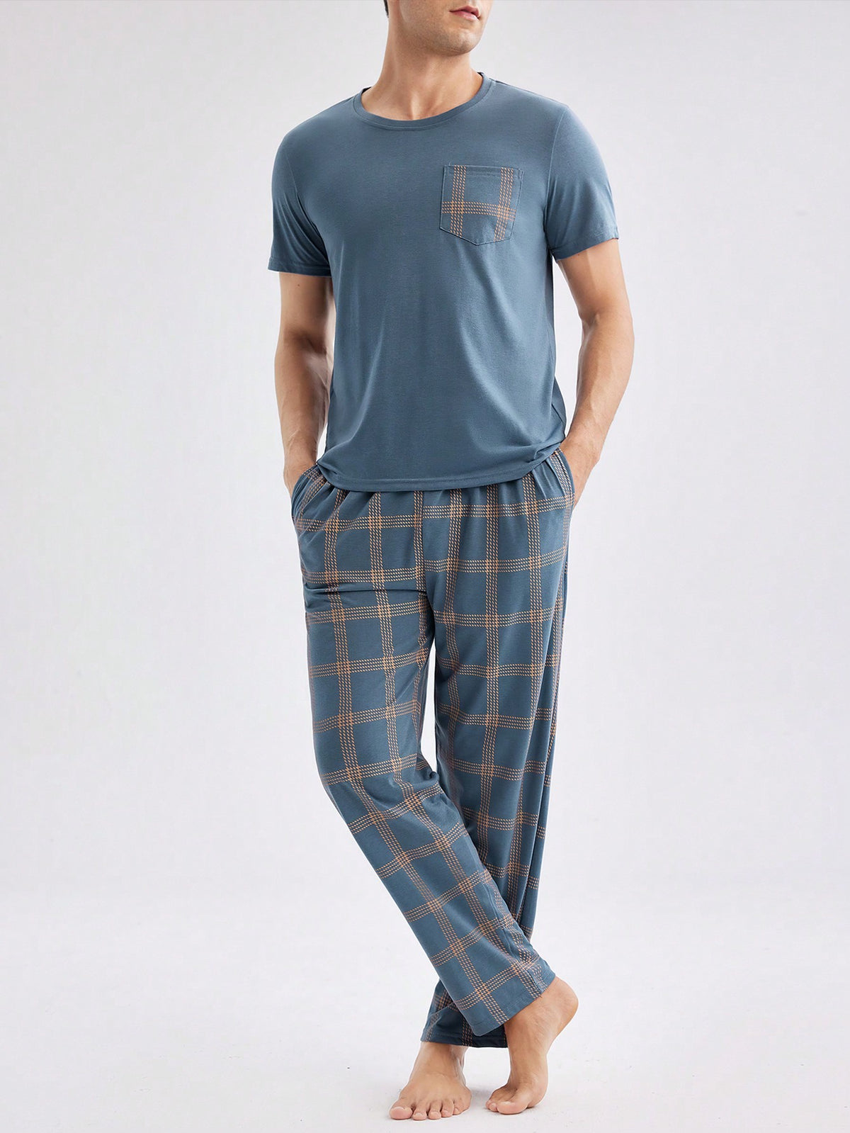 Men Solid Tee & Plaid Pants PJ Set / Pajama Set