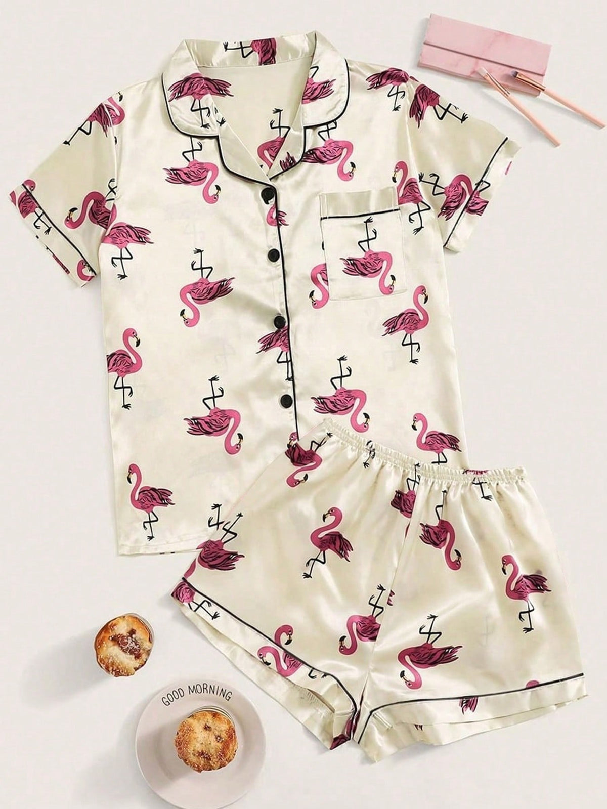 Flamingo Print Satin Pajama Set