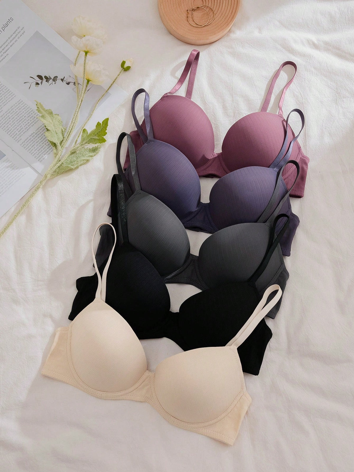 Women Solid Color Simple And Comfortable Bra (Steel Ring, 5 Pieces/Set)