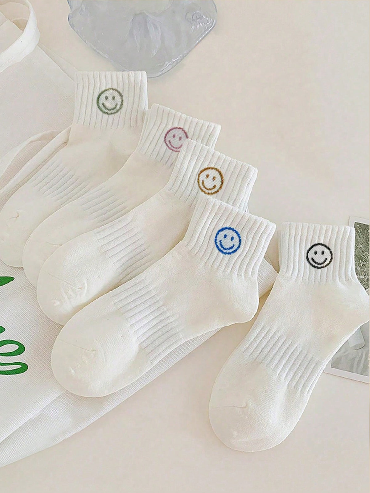 5 Pairs Women White Basic Cute Bear Short Socks, Summer Lightweight Mesh Breathable And Comfortable Ankle Socks