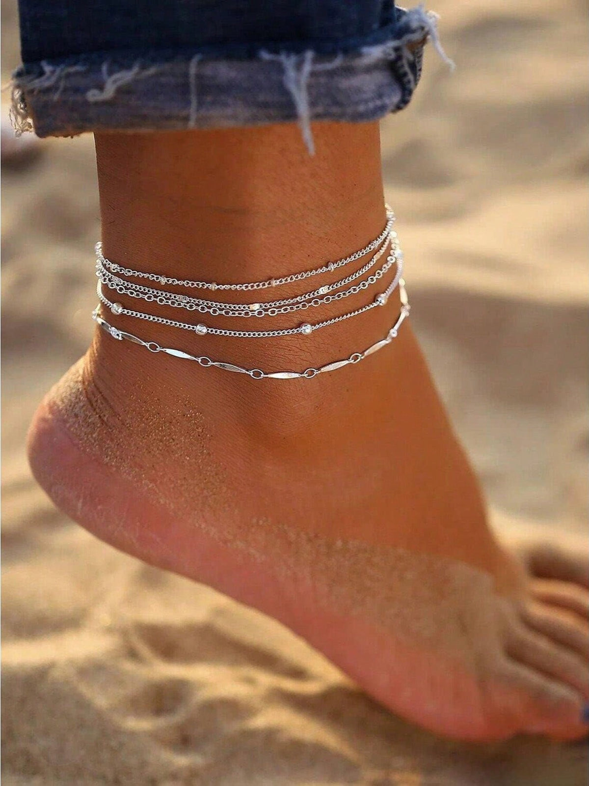 5PCS Silver Anklets For Women Waterproof Layered  Leaf Beaded  Chain Anklets Set Summer Beach Anklets For Women Teen Girls Jewelry Gifts