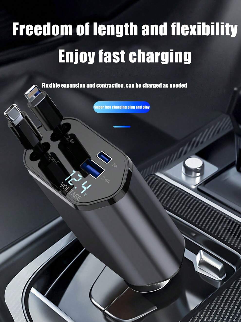 1pc Car Charger With Super Fast Flash Charging And Retractable 4-In-1 Cable And Cigarette Lighter Support