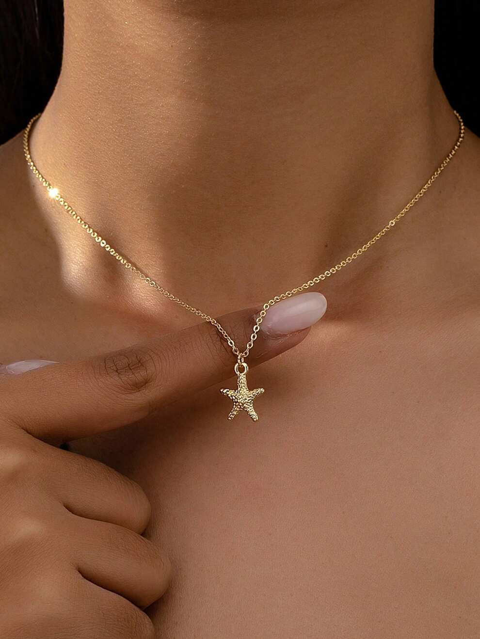 1pc Simple Gold-Color Starfish Ocean Beach Vacation Style Pendant Necklace For Women