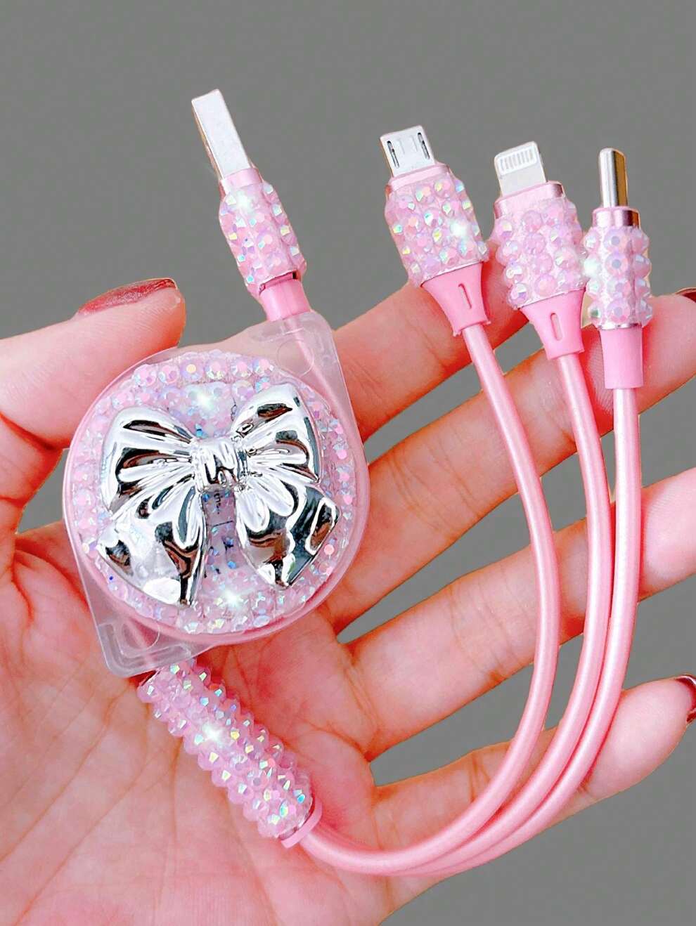 Diamond Style 3-In-1 Data Cable, Compatible With Apple Huawei Xiaomi Samsung, Retractable Automatic Rope, Multi-Function Data Cable Winder