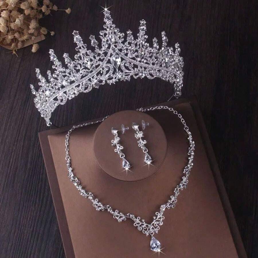 1set Silver Luxurious Noble Bridal Jewelry Set Including Necklace, Earrings, And Crown Royal