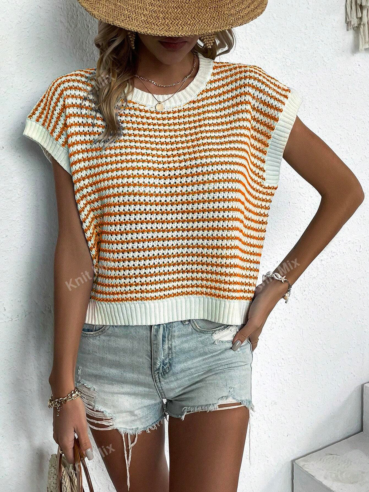 Knit Mix Holiday Leisure Color Block Striped Loose Knit Top, Random Stripes