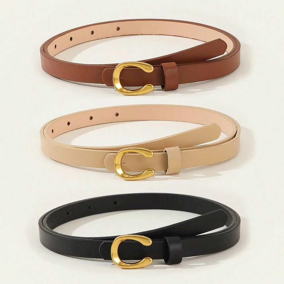 3 Pieces Set Black/Brown/Beige Letter Printed U-Shaped Alloy Buckle Women Skinny Belts, Versatile For Casual, Business And Party All Seasons