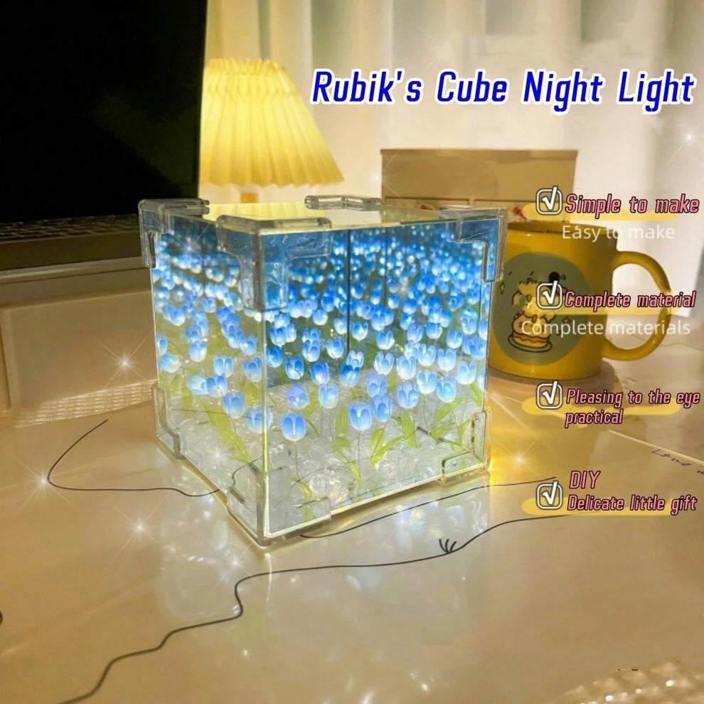 1pc Flower Sea Tulip Rubik Cube Shaped 3D Mirror Night Light DIY Handmade Material Set Romantic Creative Home Furnishing Night Lamp Exquisite Small Gift