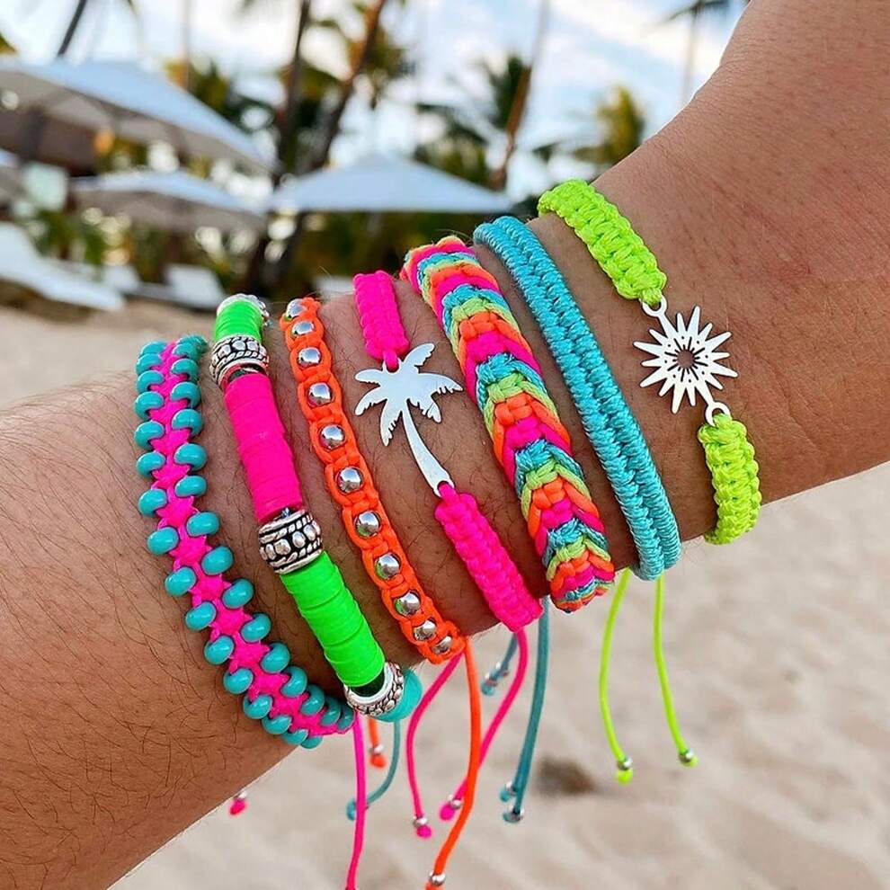 7pcs Hawaiian Style Beach Vacation Bracelet Set, Adjustable Women Bracelets With Colorful Artificial Woven Weave, Suitable For Your Holiday And Daily Accessories