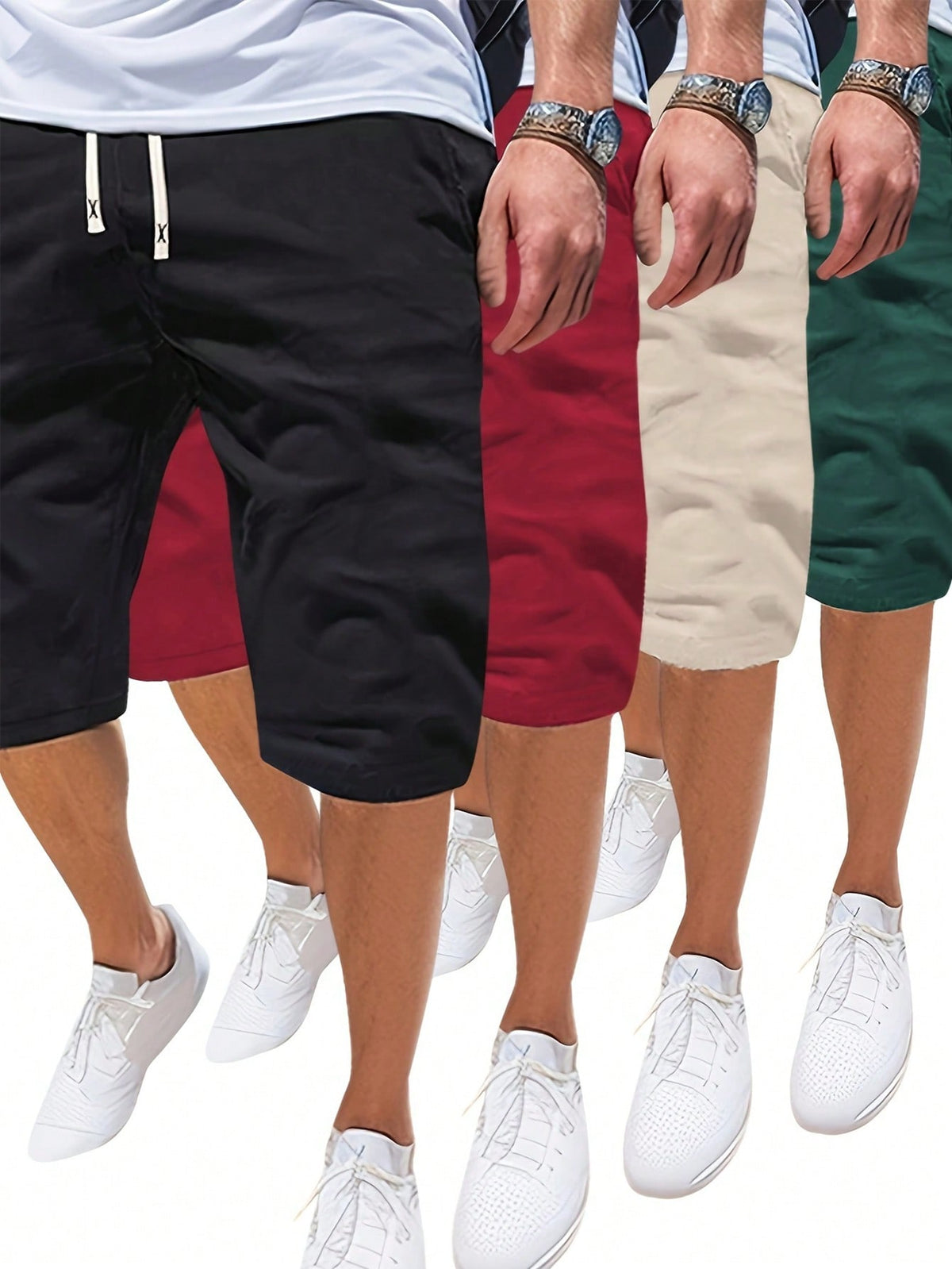 4pcs/Set Men's Solid Color Shorts, Retro And Simple Style, Versatile Thin Beach Casual Sports Running Shorts With Pockets, Elastic Waistband And Drawstring, Outdoor Bermuda Shorts