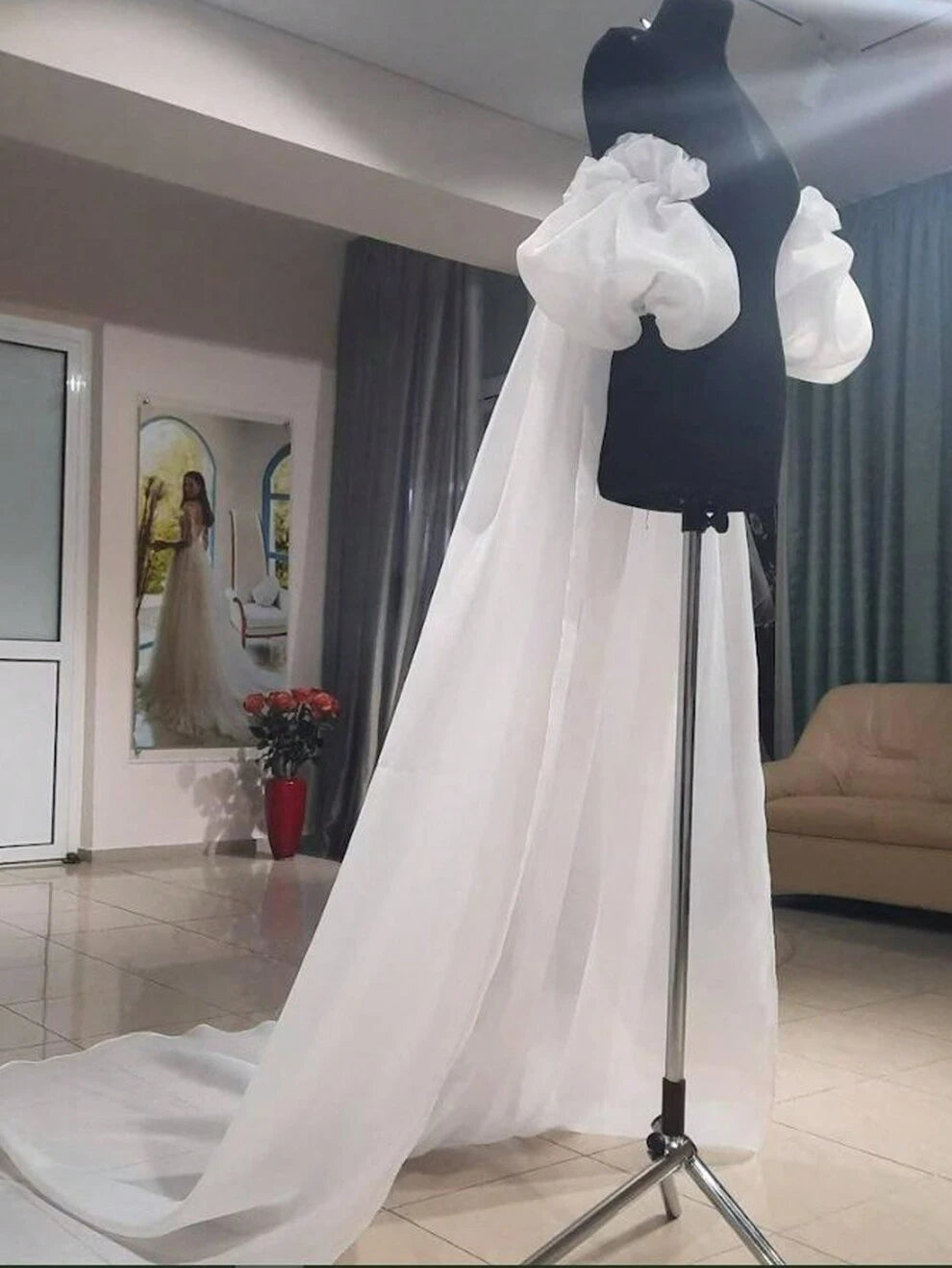 One White Organza Bridal Shawl Wedding Accessory Bubble Sleeve + Cape Cloak 200cm