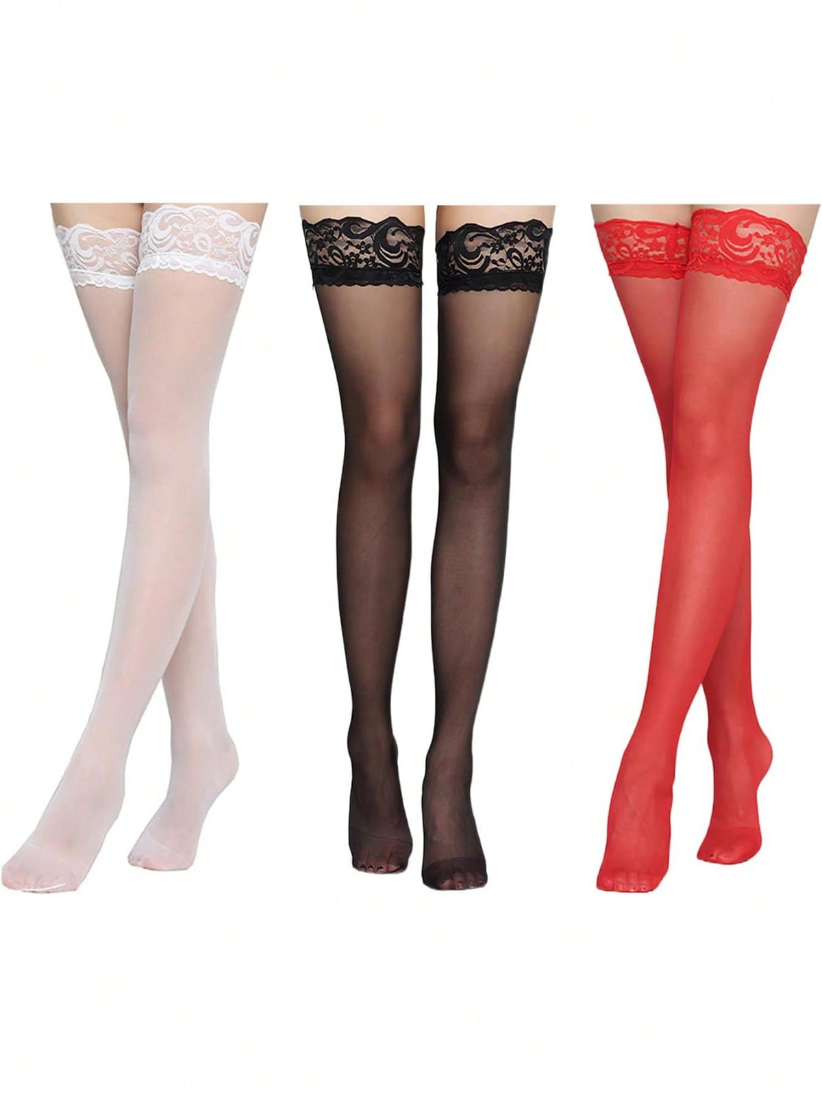 3Pairs Women's Hold-Up Stockings Black White Red Thigh Highs With Anti-Skid Narrow Lace Top Ladies Sexy Comfortable Sheer Knee High Stocking Tights Gifts For Women Girls Supplies