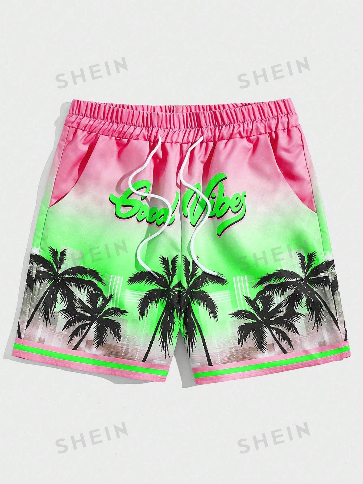 ROMWE Street Life Men's Casual Vacation Palm Tree & Letter Printed Drawstring Waist Shorts With Pockets