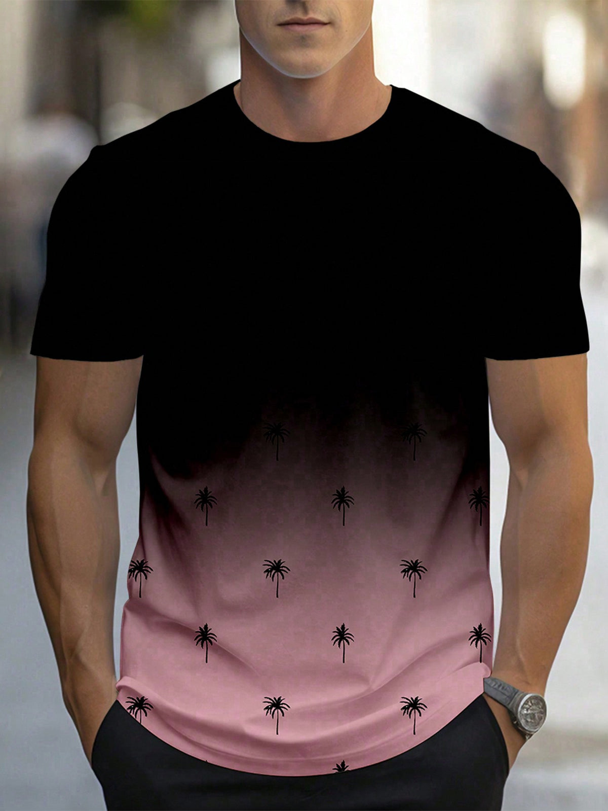 Manfinity Homme Men's Summer Palm Tree Printed Round Neck Short Sleeve Casual T-Shirt