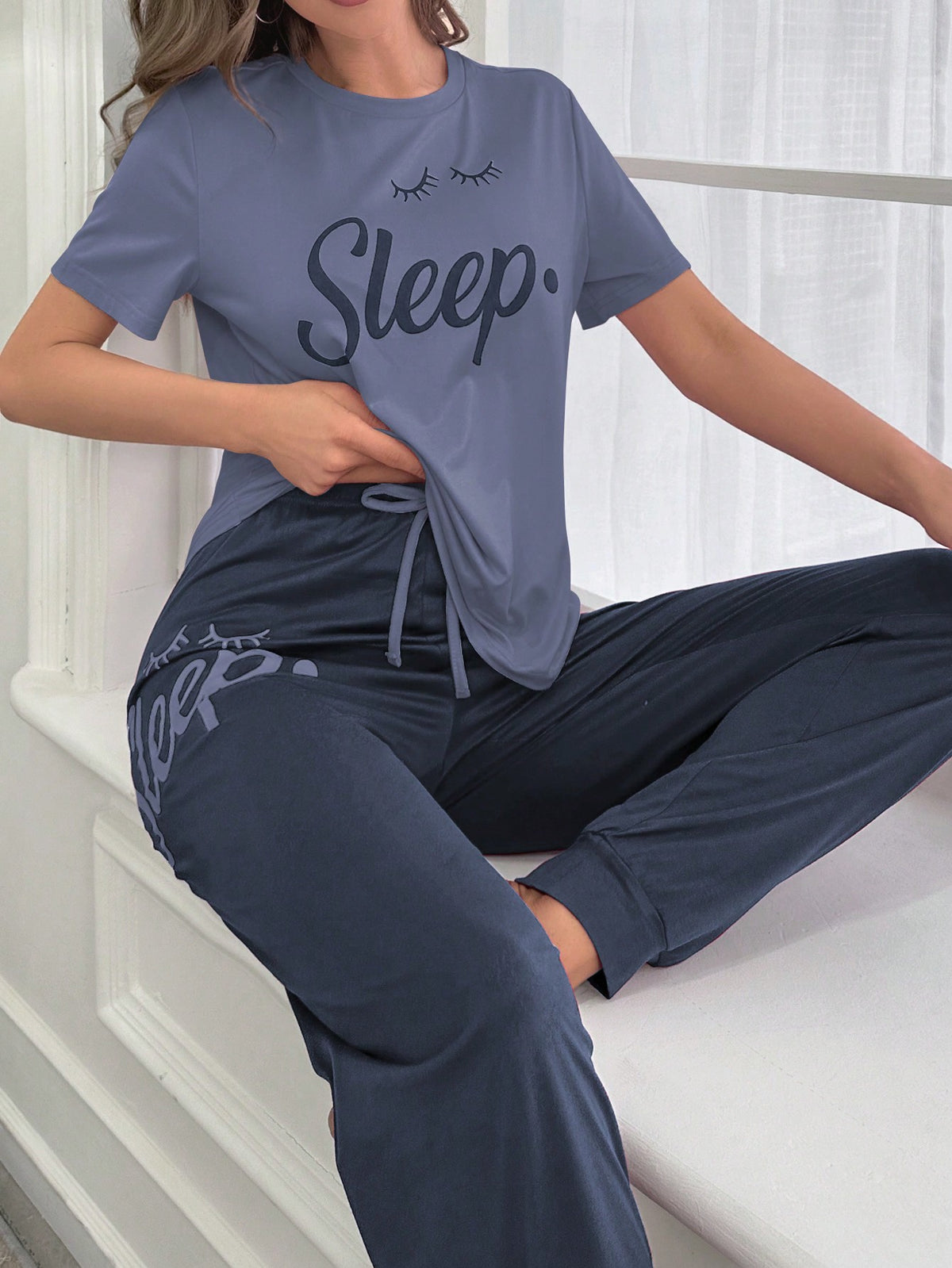 Eyelash & Letter Printed Short Sleeve And Long Pants Pajama Set For Spring And Summer