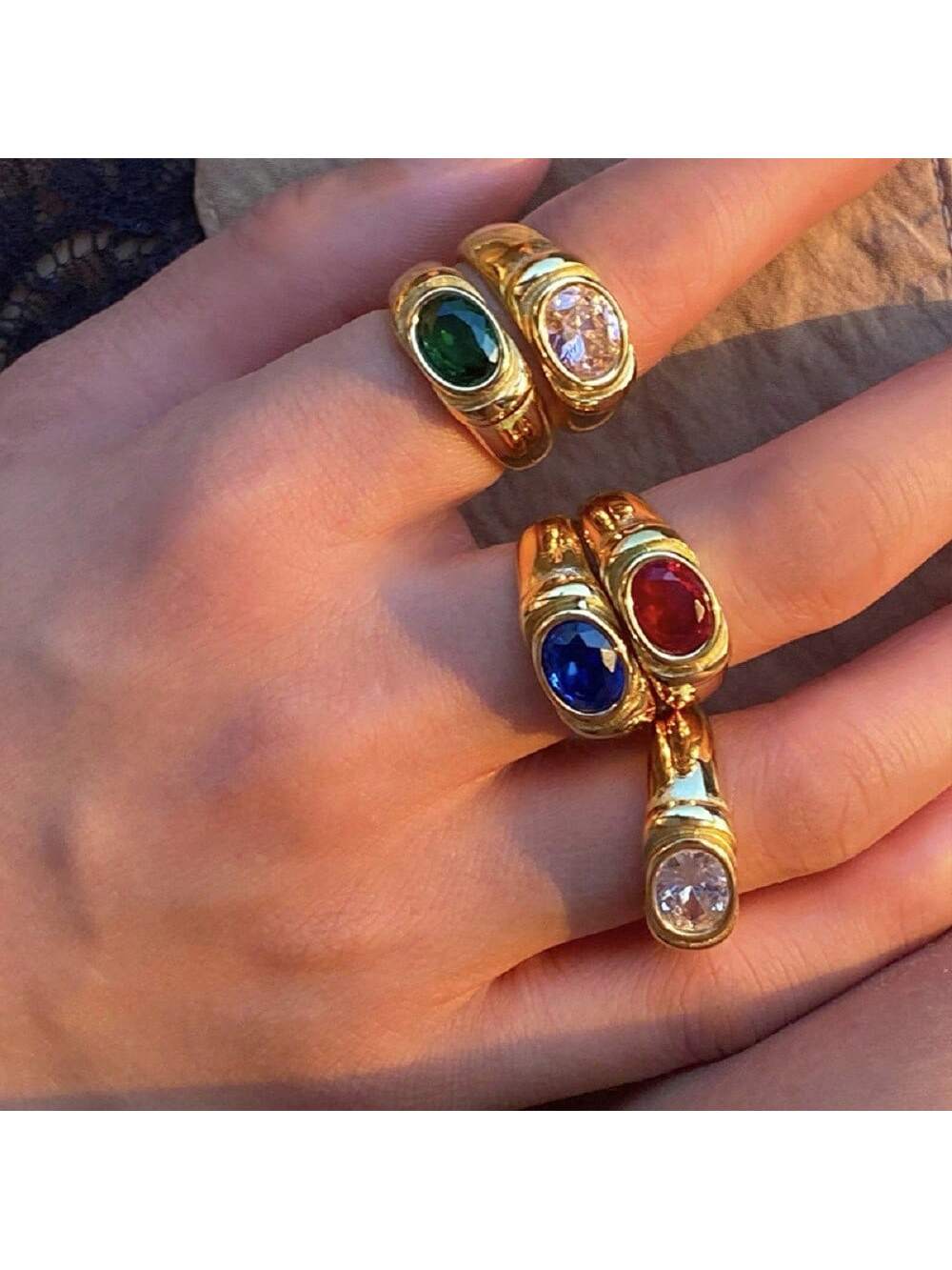 New Waterproof Natural Stone Ring For Women Vintage Gold Color Aventurine Stone Rings Adjustable Women Female Jewelry Gifts