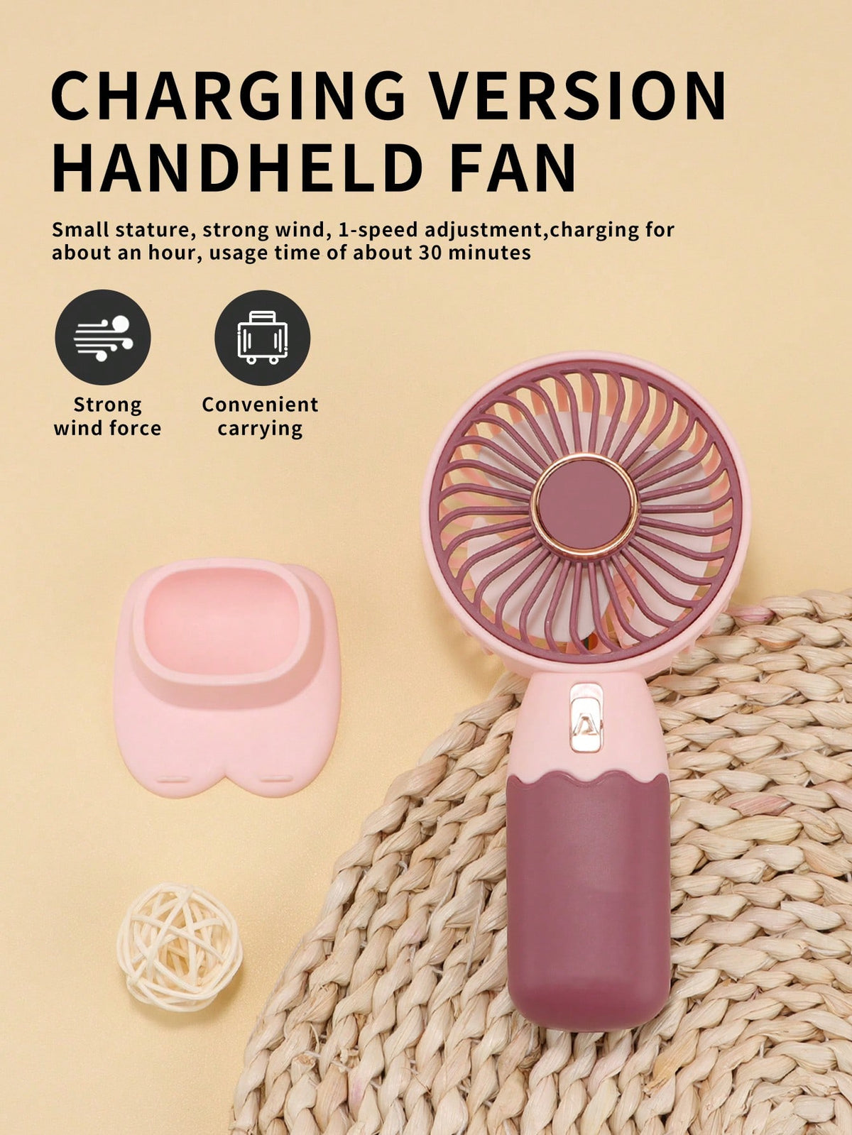 1pc Rechargeable Portable Handheld Mini Fan With One Gear Adjustment And Charging Cable Dock For Outdoor Use