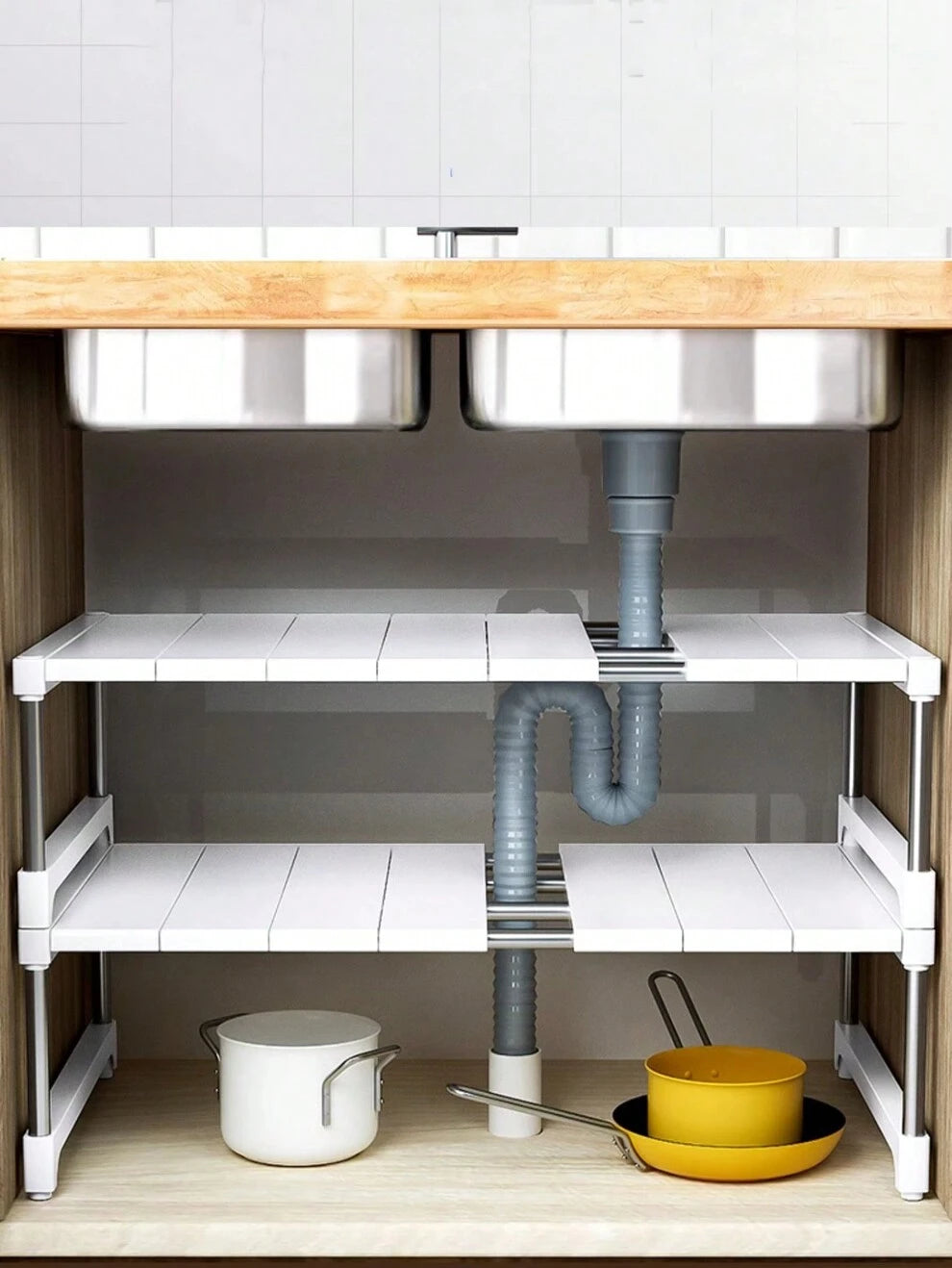 1pc Expandable Kitchen Storage Shelf, Multipurpose Organization Cabinet, Multilayer Single Layer Cupboard Partition, Under Sink Shelf Rack, Stackable Stainless Steel Pipe Support, Suitable For Bathroo