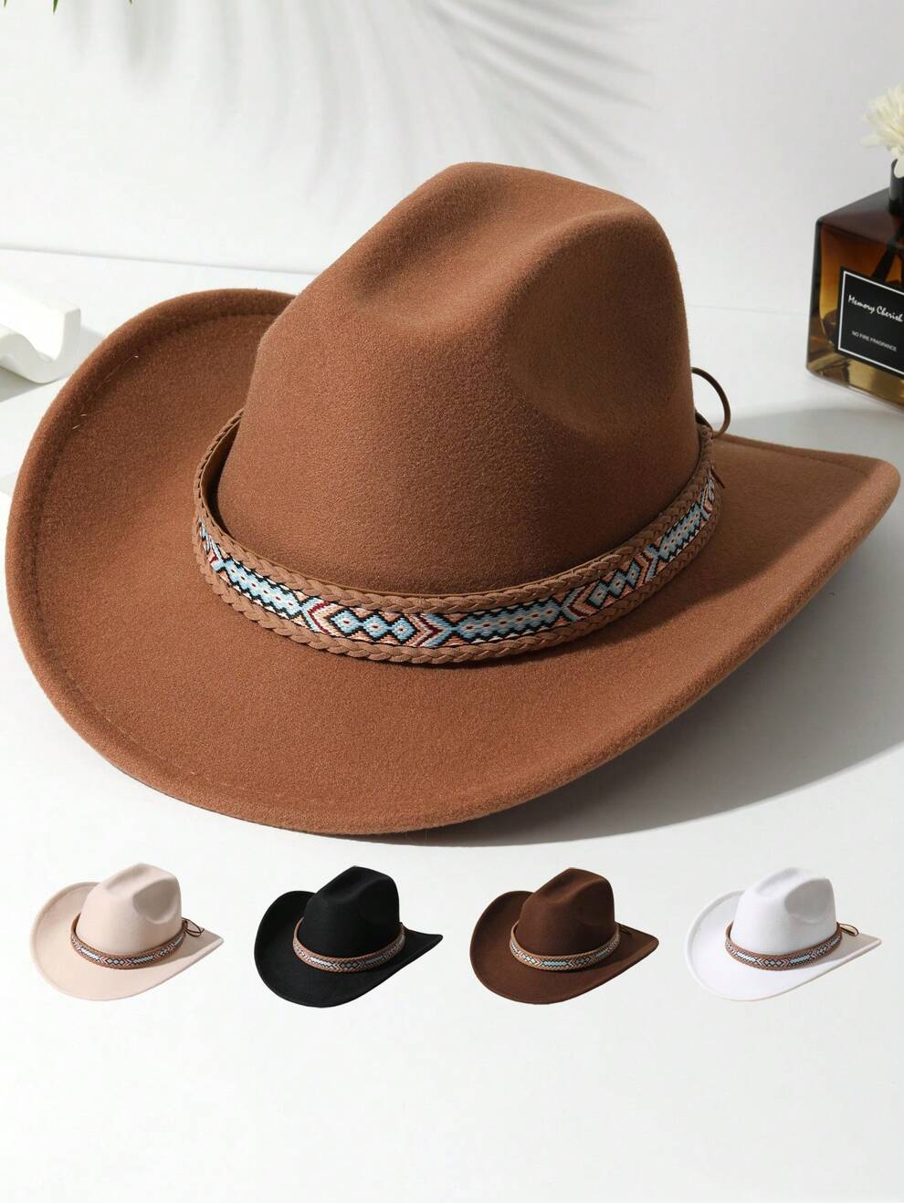 1pcs Women Cattle Head & Belt Decor Boho Cowgirl Hat Jazz Panama Sun Hat Soft Felt Beach Hat Cowboy Hat Fedora Hat For Outdoor