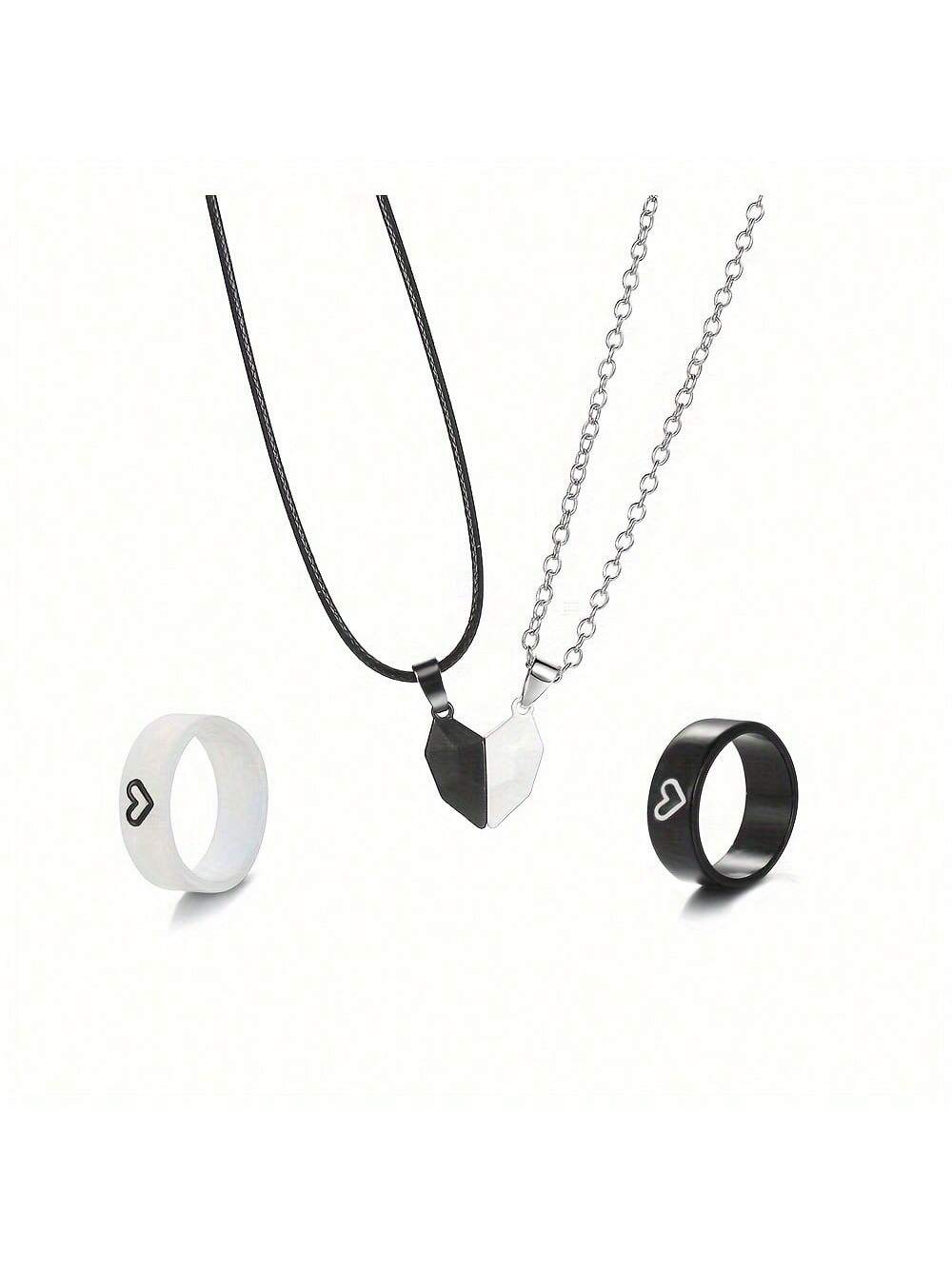 2 Rings + 2 Necklaces Fashionable Couples Jewelry Set, A Perfect Holiday Gift For Your Best Friend Or