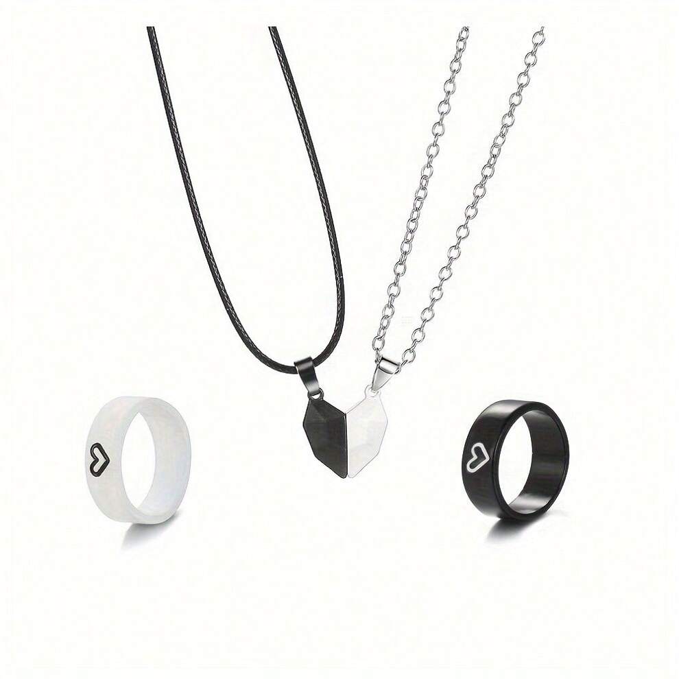 2 Rings + 2 Necklaces Fashionable Couples Jewelry Set, A Perfect Holiday Gift For Your Best Friend Or