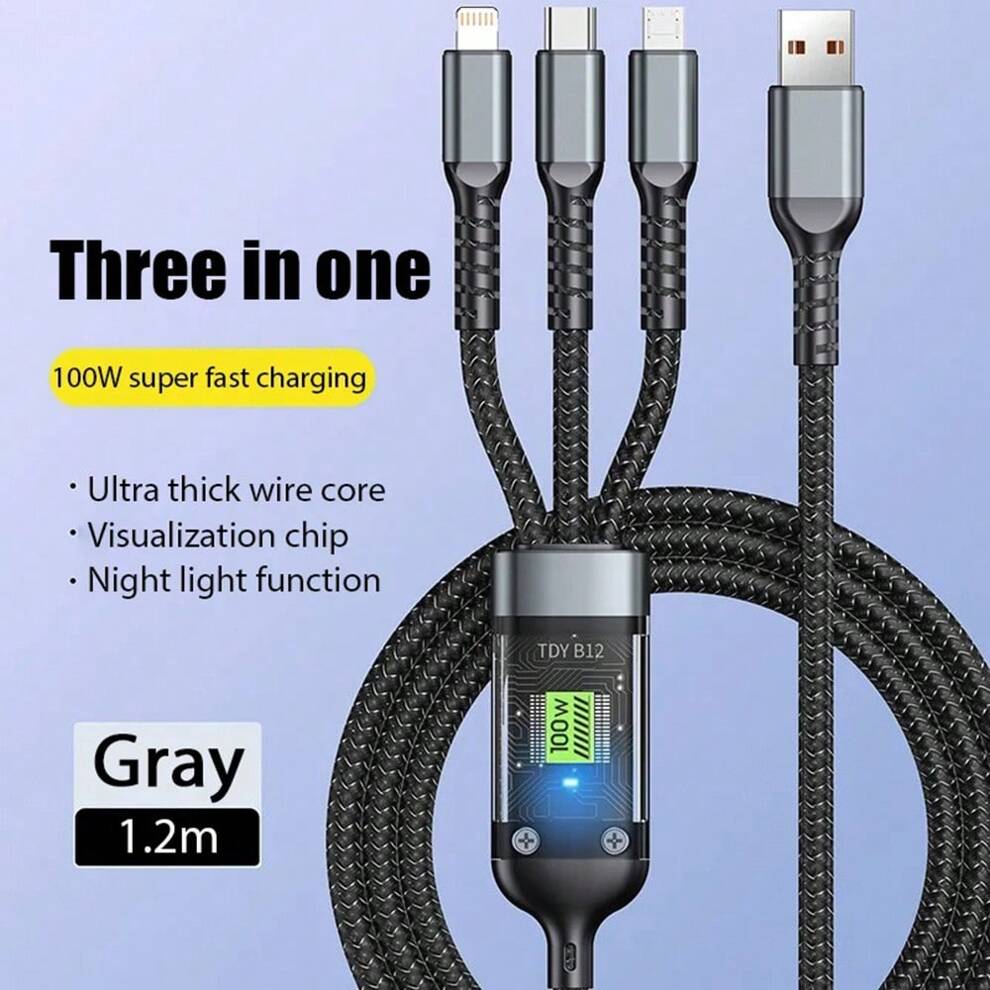 3-In-1 Charging Cable Compatible With IPhone, Android & Tablet, Rapid Lightning Charging With 100W USB Type-C Apple Charging Cord