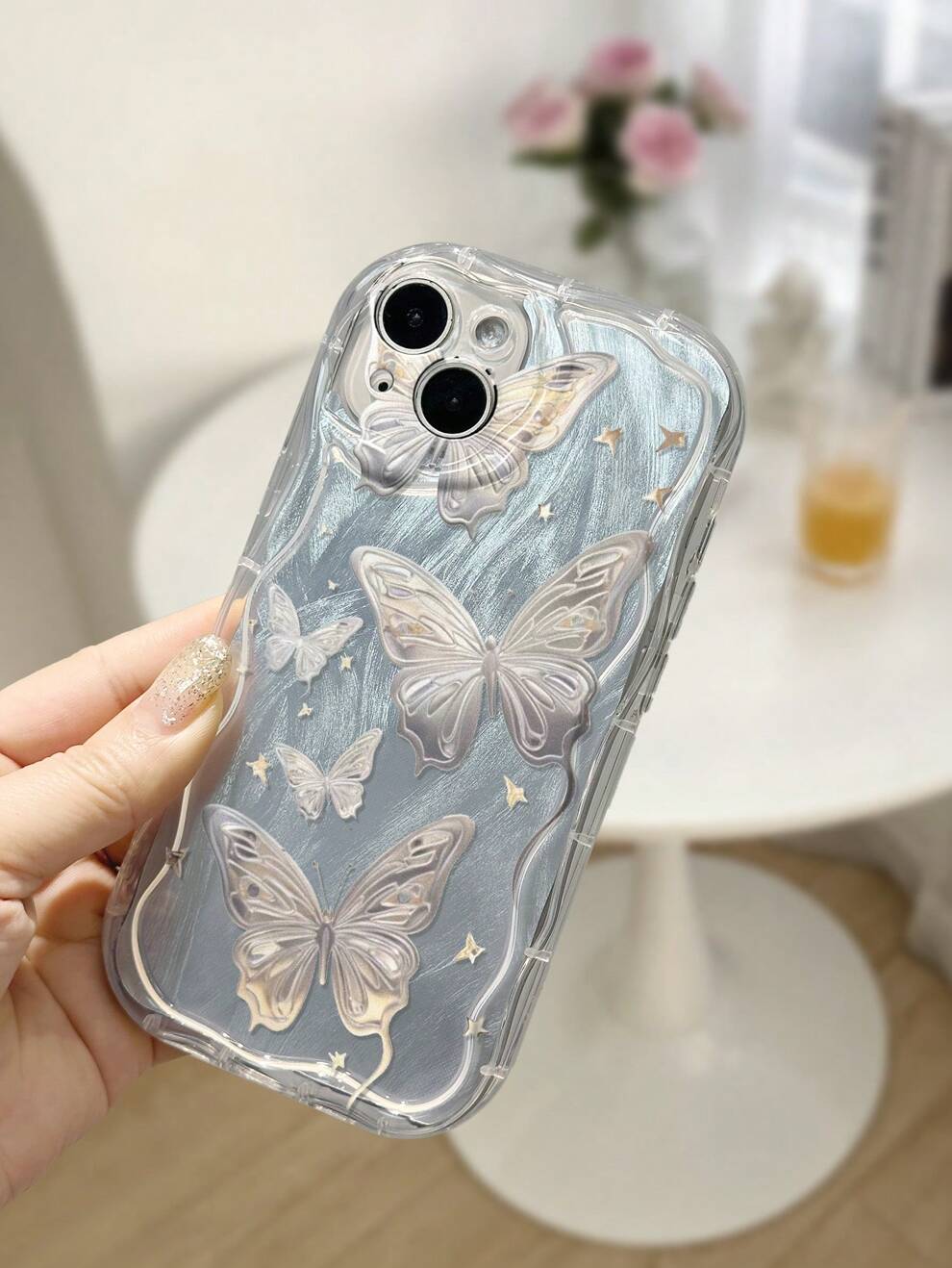 1pc Creamy Transparent Metal Gloss Butterfly Cartoon Painting Phone Case With 3D Effect Compatible With IPhone P14 Pro Max, Cartoon Painting Phone Case For P13, Anti-Fall Cartoon Painting Phone Case F