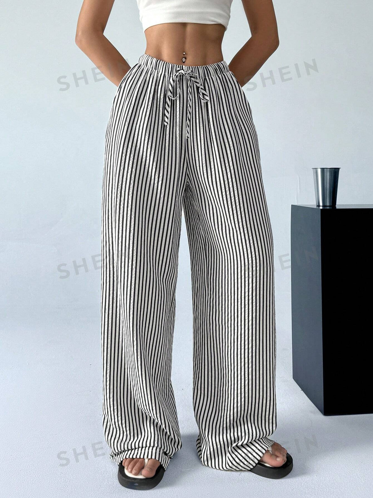 SHEIN EZwear Women's Casual Striped Wide Leg Pants With Drawstring Waist