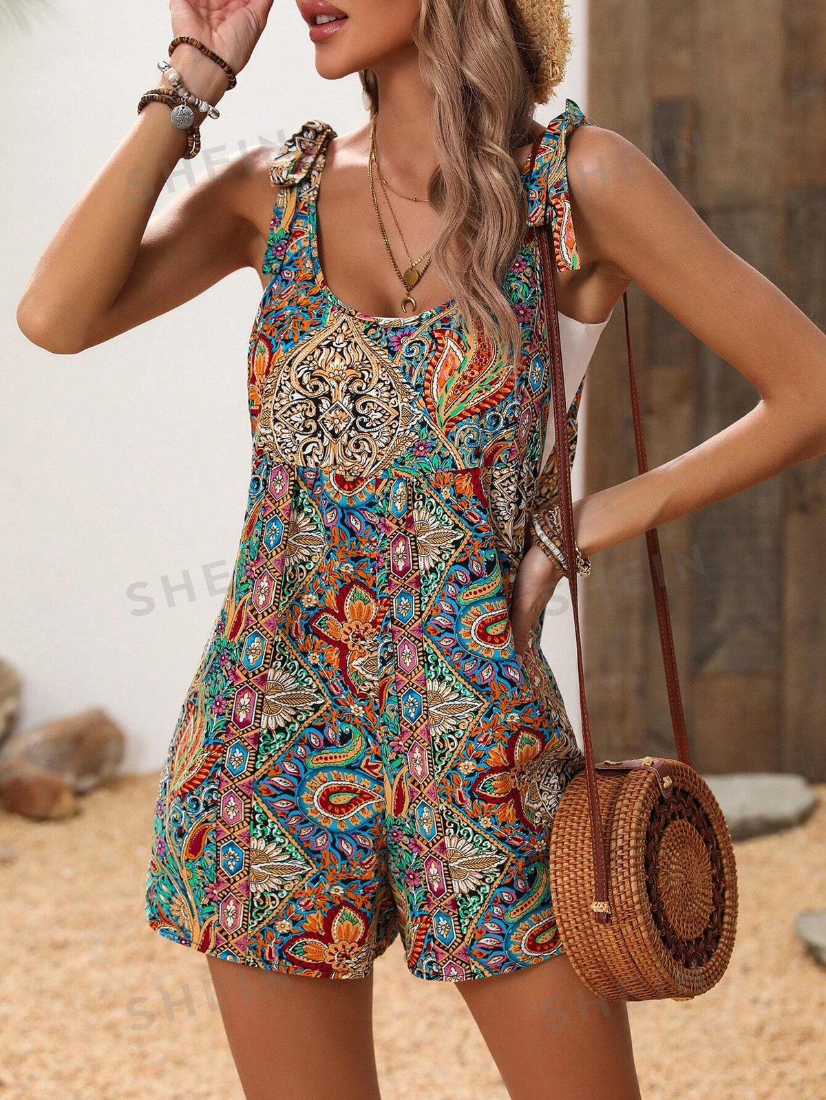 SHEIN VCAY Vacation Leisure Plant Printed Sleeveless Jumpsuit