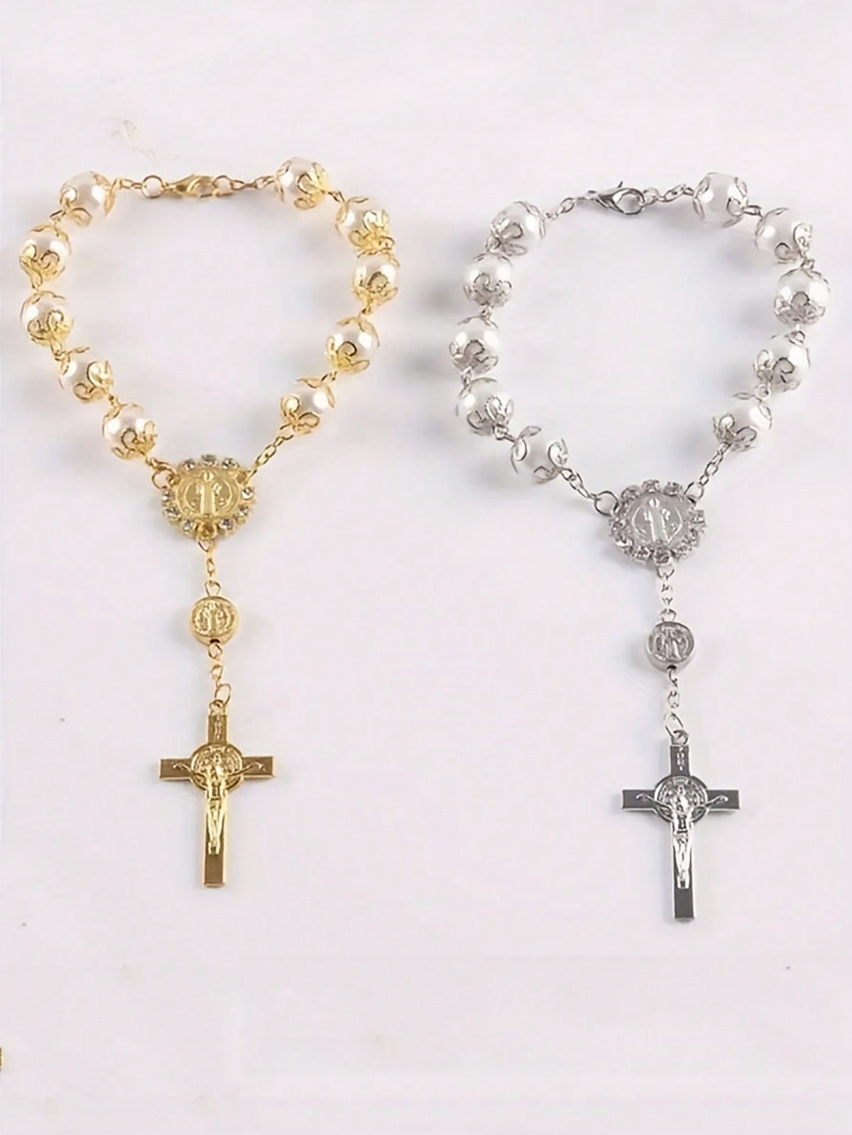 1pc Vintage Lace, Faux Pearl & Glass Cross Bead  Bracelet, Baptism/ Festival Gift