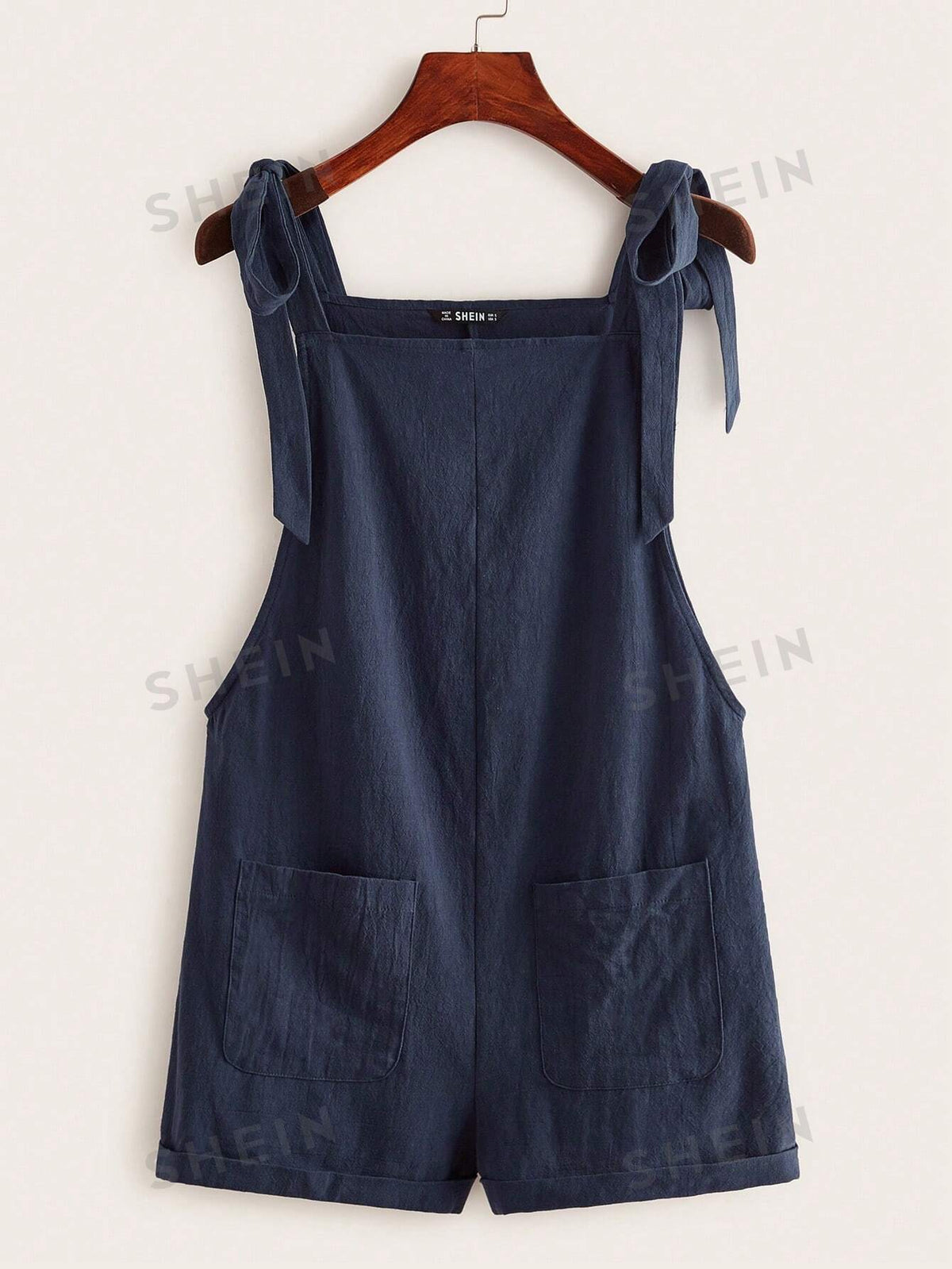 SHEIN EZwear Knot Strap Pocket Patched Pinafore Romper