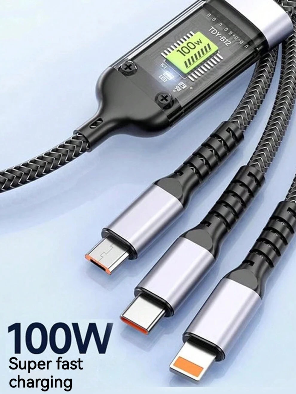 3-In-1 100W Fast Charging Cable Smart Super Fast Charging Support Multi-Interface Charging USB Visual Power Charging Cable Compatible With Apple Samsung OPPO Car Fast Charging Cable. 3-In-1 Fast Charg