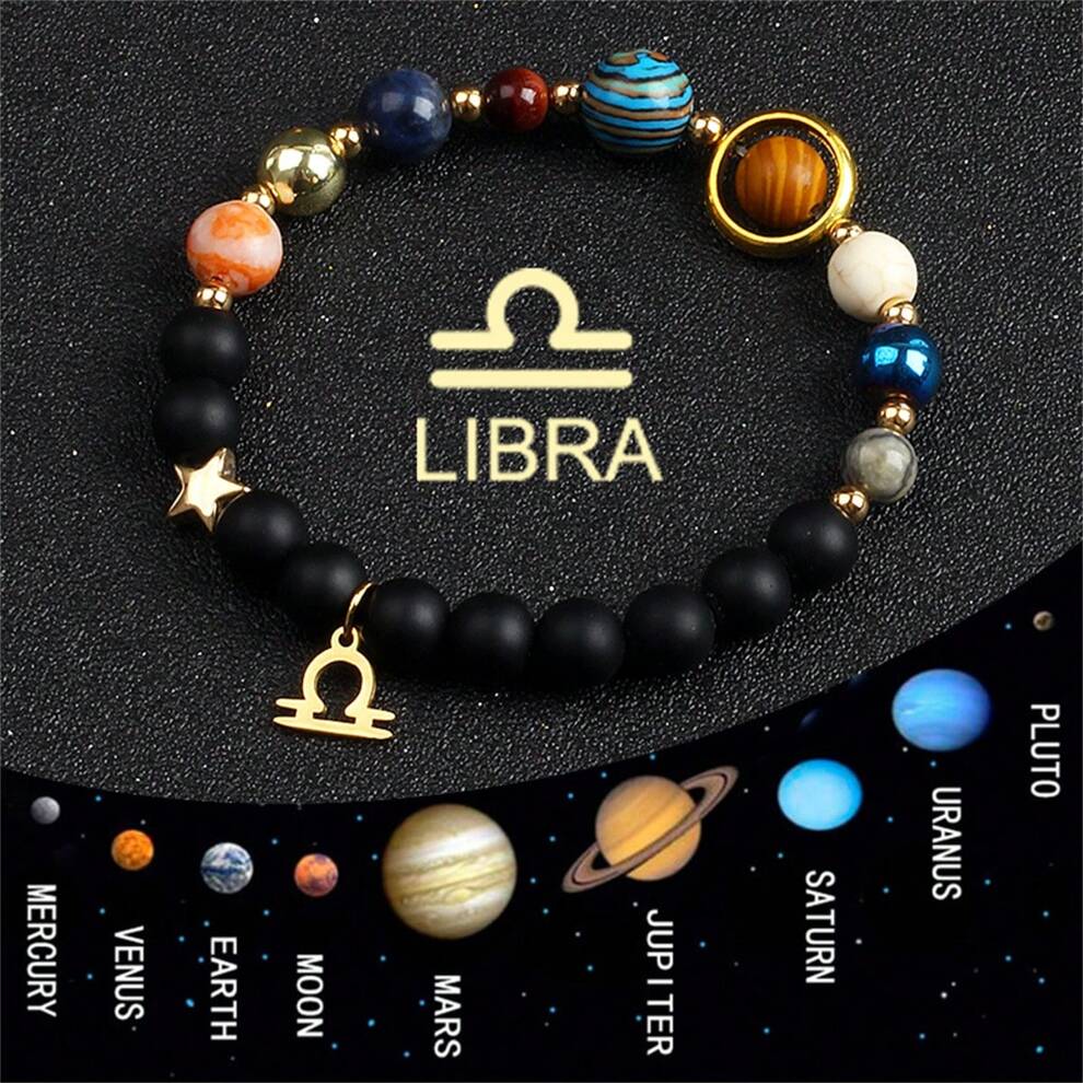 1Pcs Universe Galaxy Eight Planets 12 Constellation Bracelets For Women Natural Stone Solar System Bracelets Libra Virgo Leo Jewelry Gold Color Stainless Steel Constellation Pendant Bracelets Valentin