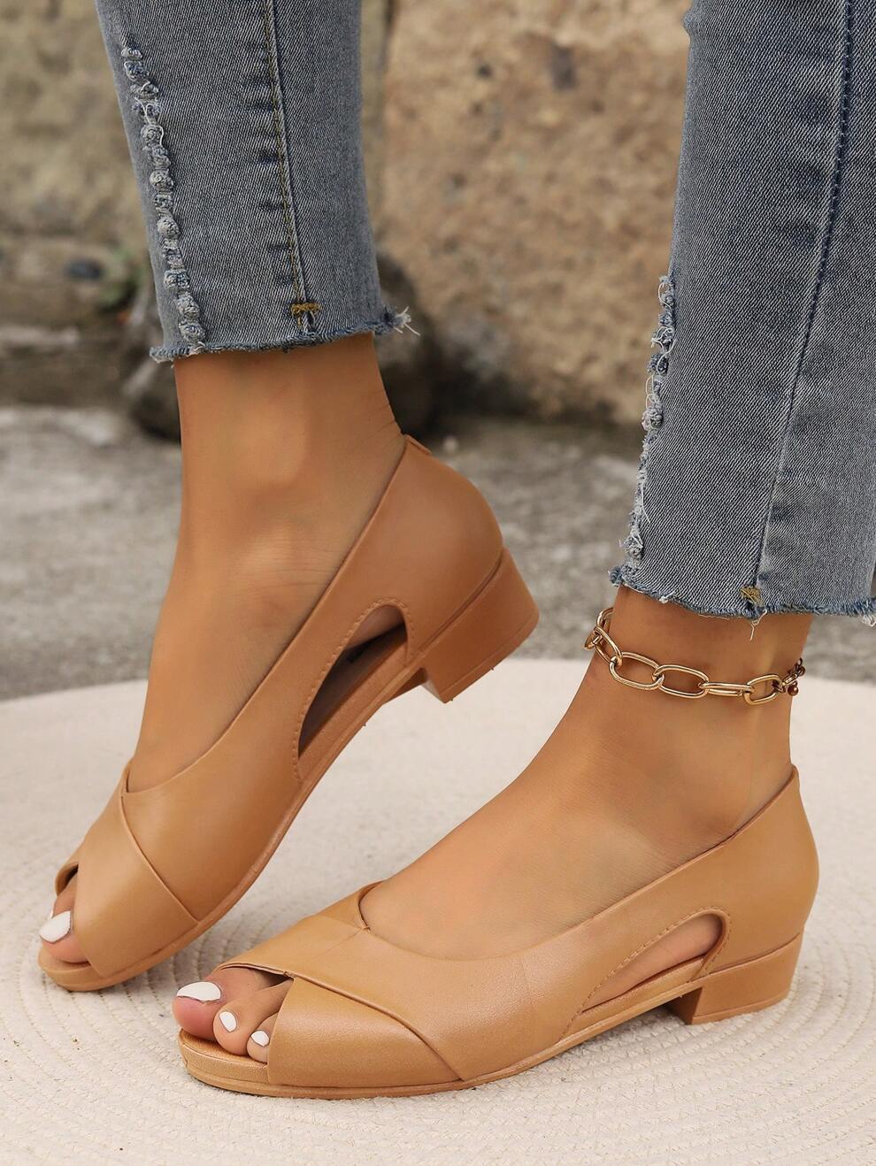 Minimalist Peep Toe Cut Out Side Flats