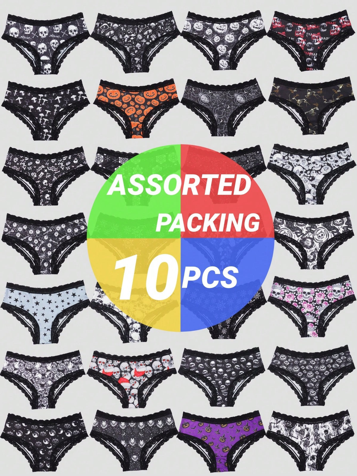 10pcs Random Women Gothic Contrast Lace Bikini Hipster Panties Set, Women's Underwear & Lingerie, Halloween Sexy Panties Set, Women's Jack-O-Lantern & Skull & Star & Eyeballs Allover Print Low Rise Un