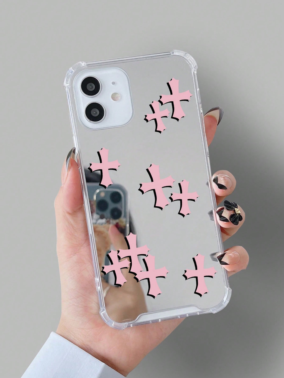 1pc Imd Material Transparent Black With Camera And Pink Cross Pattern Phone Case Compatible With Compatible With IPhone11/12/13/14/15/15pro/15 Plus/15 Promax/7plus/8plus/X/Xs Max/Xr/11pro/12pro/13pro/