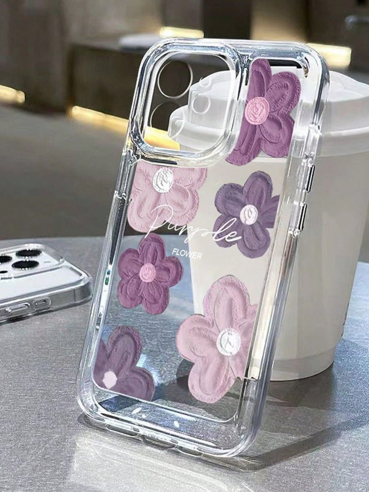 Floral 1pc Purple Flower Pattern Full-Coverage Anti-Drop Black Transparent TPU Phone Case Compatible With IPhone