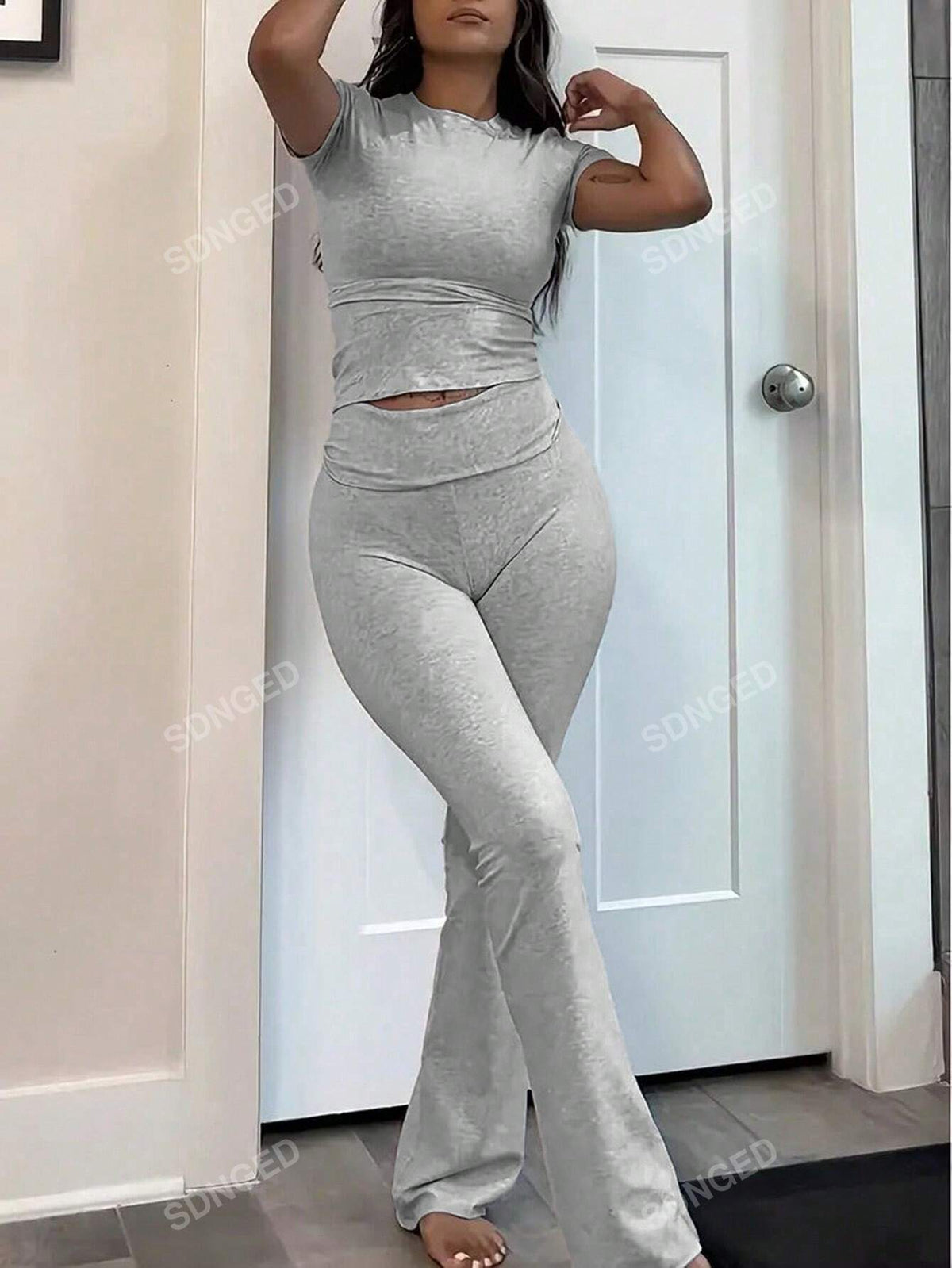 Women's Plain Casual Short Sleeve T-Shirt And Fold-Over Waist Long Pants Set