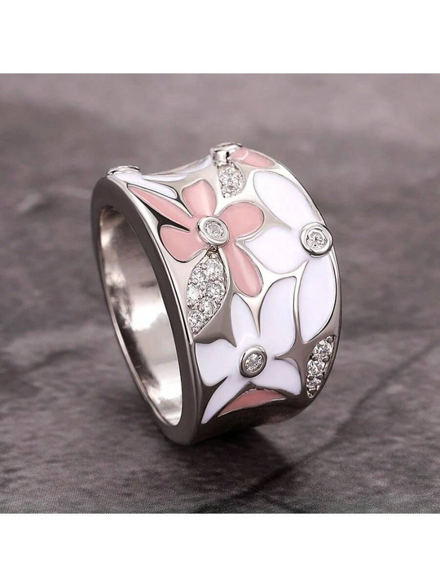 1pc Vintage Elegant Enamel Flower Design Micro-Inlaid Cubic Zirconia Resin Ring For Women