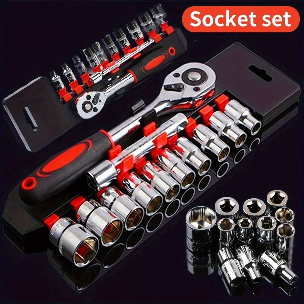 1 Set Of Socket Wrenches, Multifunctional Manual Tool Kit For Driving, Chrome Vanadium Steel, Professional Mechanical Car Motorcycle Bicycle Repair Tool, Durable Metal Shell