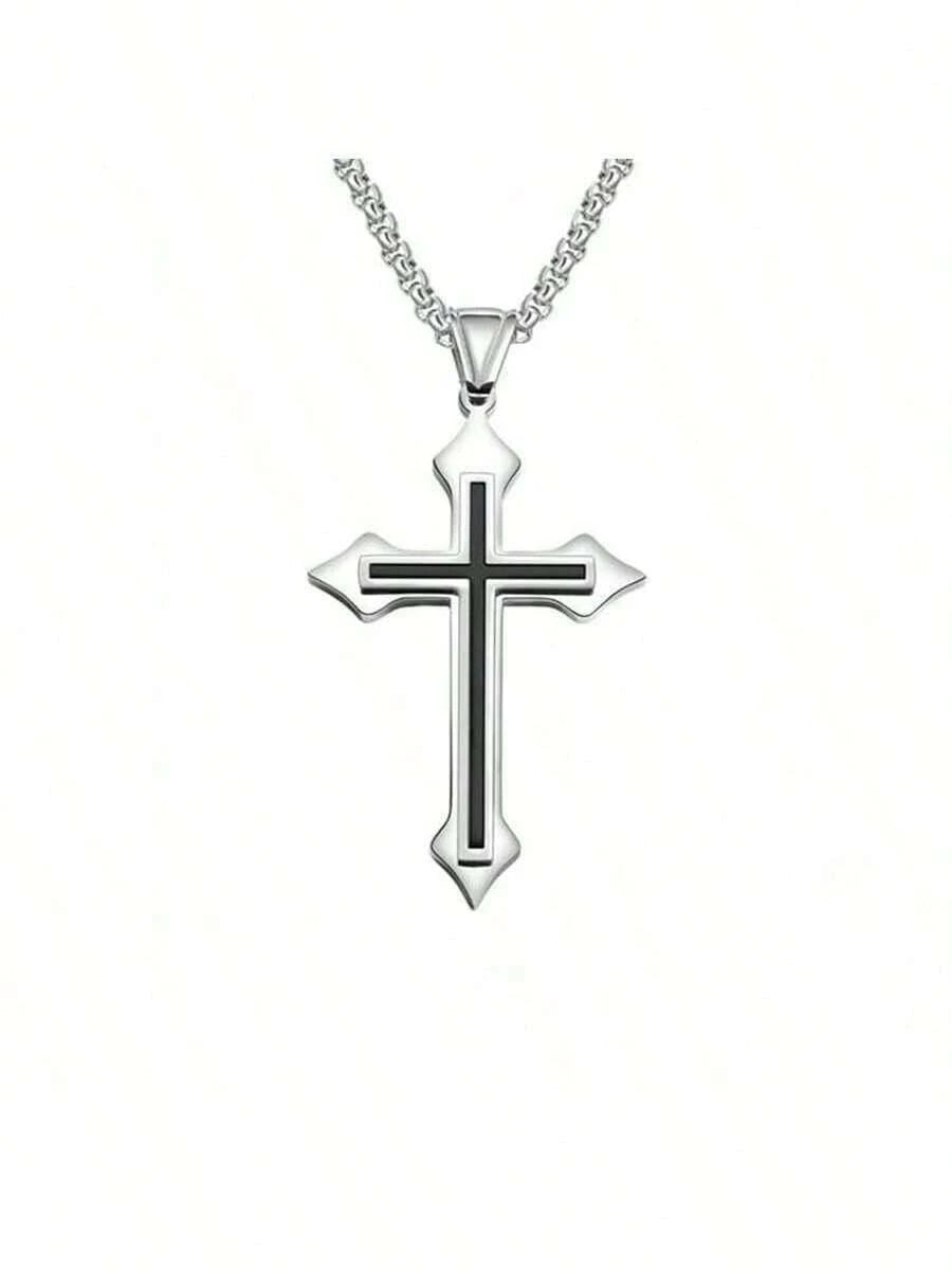 1pc Stainless Steel Chain Black Oil-drip Cross Pendant Men's Necklace