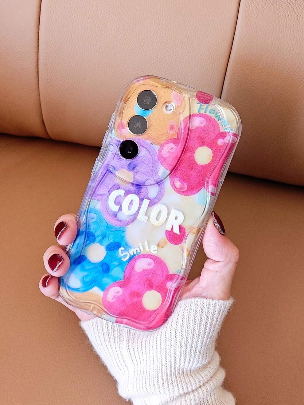 1pc Rainbow Colored Flower Design Full-Screen Colorful Creative Personality Lovely Simple INS Style European And American Female Fresh, Transparent 3D Wavy Edge Full Protection Anti-Fall Phone Case Co