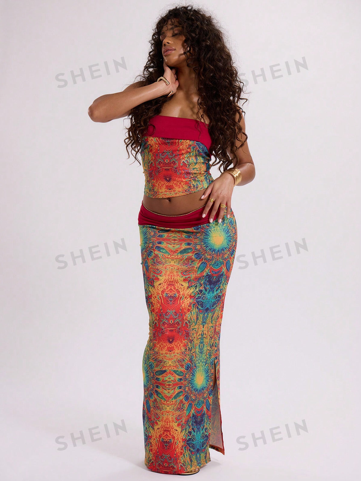 MUSERA Slinky Psychedellic Print Folded Maxi Skirt