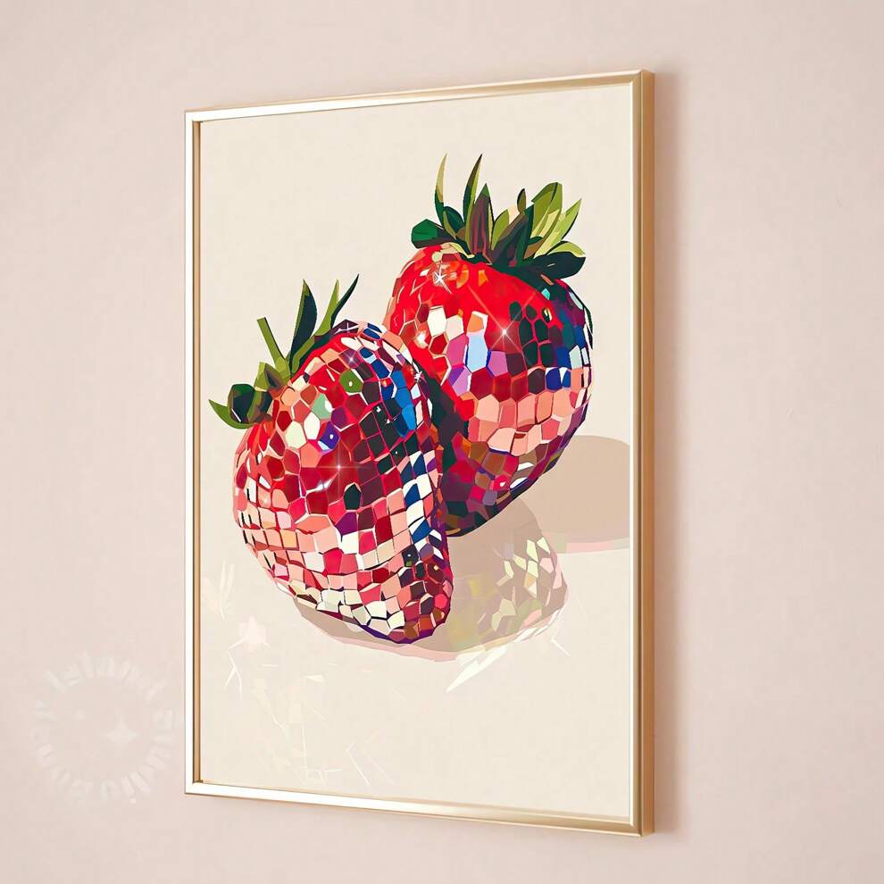 1pc Frameless Disco Strawberries Preppy Poster Canvas Print Pink Retro Western Art Trendy Painting Funky Wall Picture For Girl Room,Dorm,Apartment,Bedroom,Home Decoration