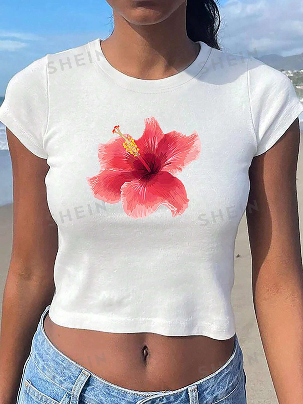 SHEIN EZwear Women Floral Print Short Sleeve T-Shirt With Round Neck For Summer