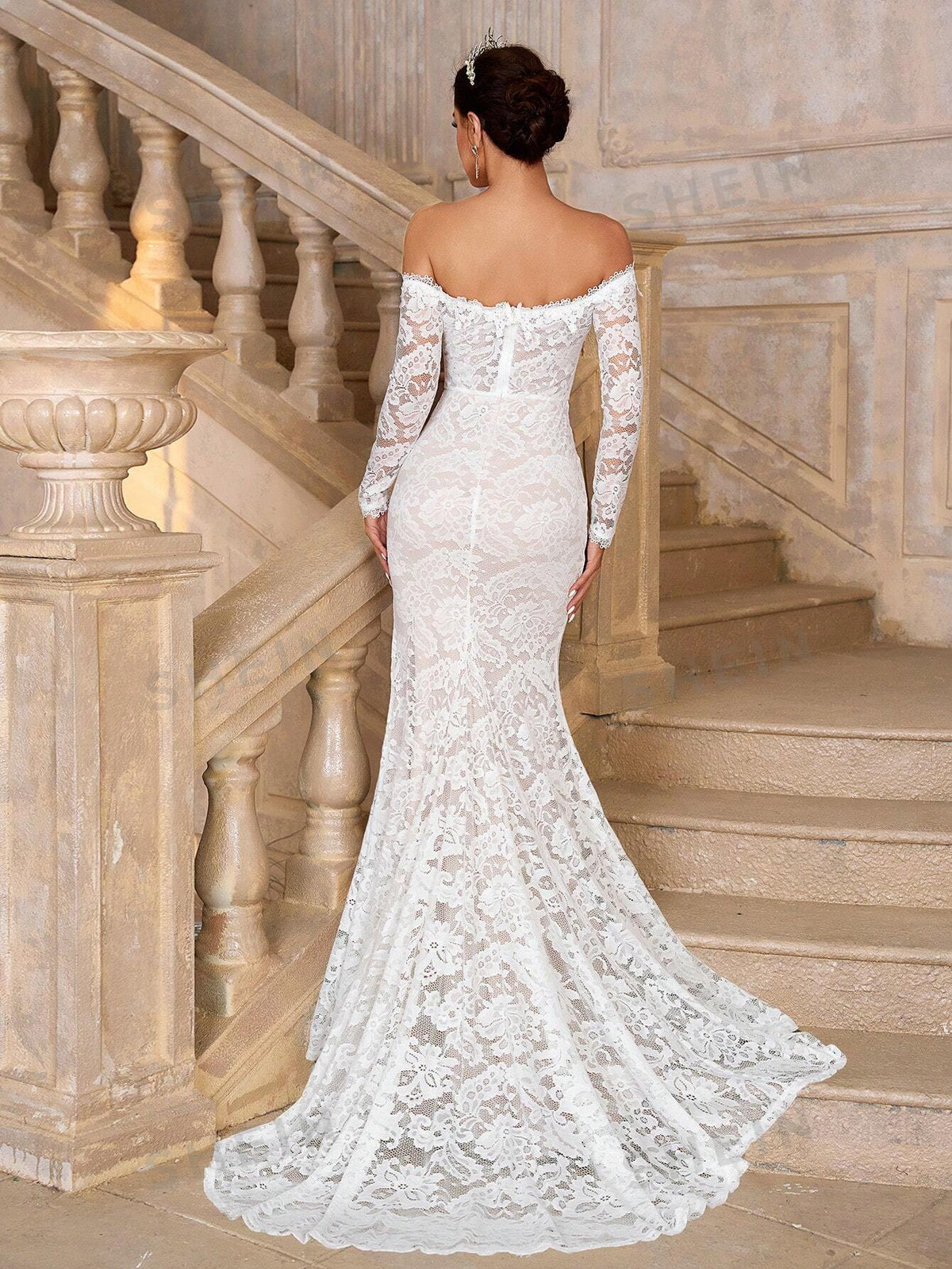 SHEIN Belle Elegant And Gorgeous French Style Lace Wedding Dress With Off-Shoulder Sheer Sleeve, Scalloped Edges, Lace Applique And A High Slit Fish Tail Dress