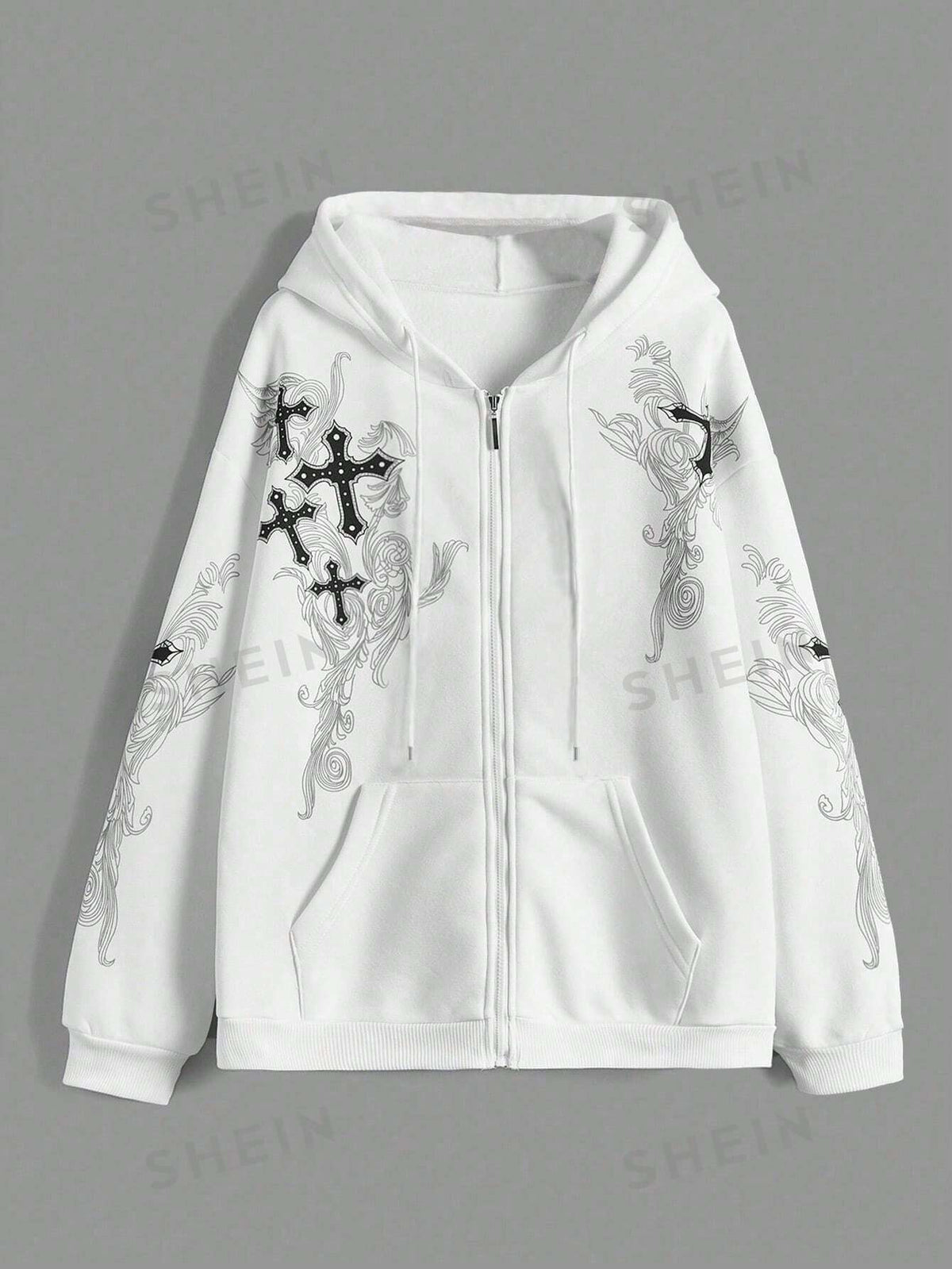 ROMWE Grunge Punk Cross Print Zip Up Drawstring Thermal Lined Hoodie